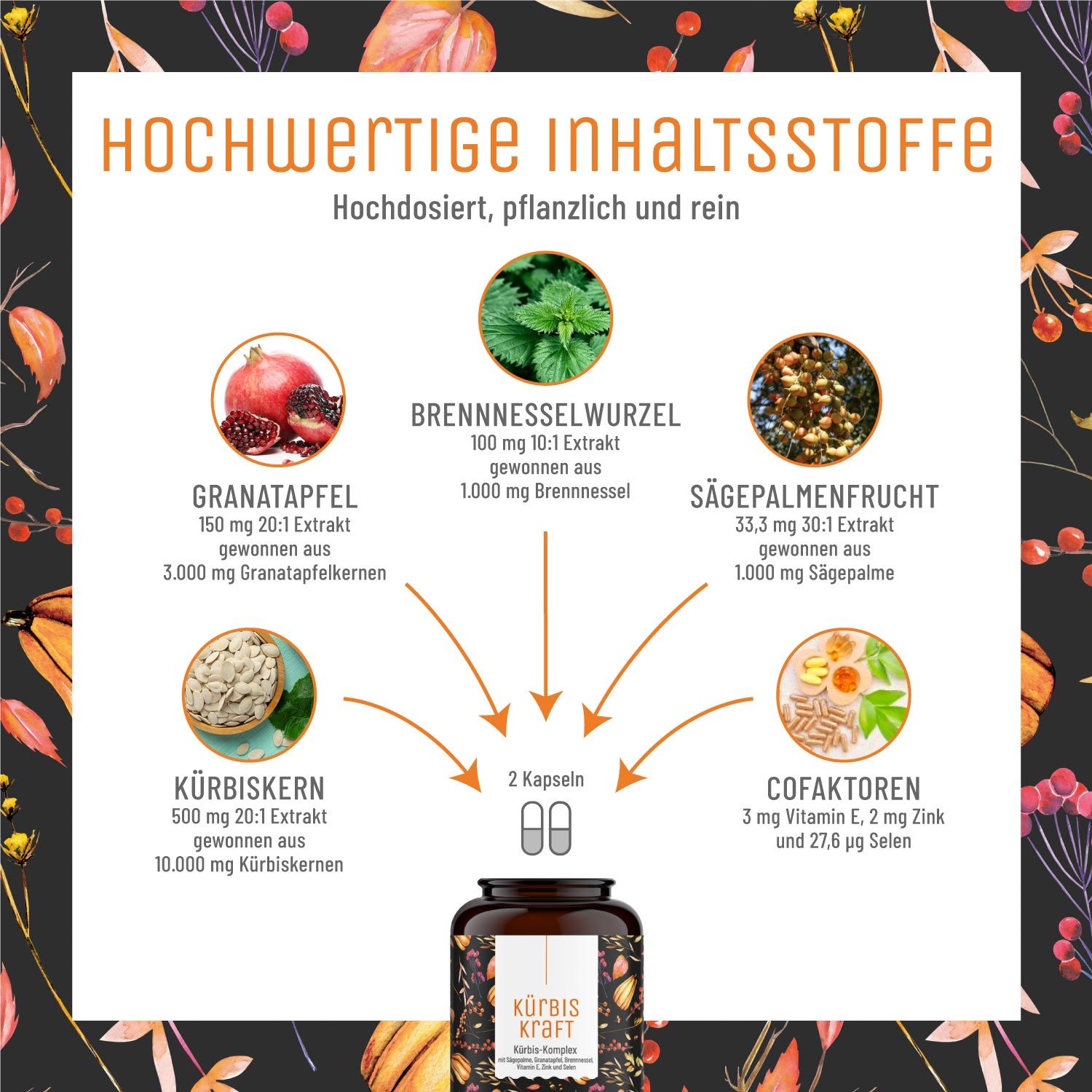 Kürbiskern Komplex mit Granatapfel, Sägepalmenextrakt, Brennnessel - Kürbiskraft Naturtreu® 60 g Kapseln