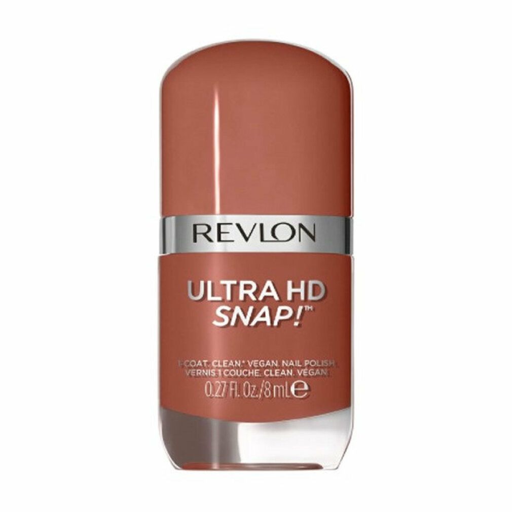 Nagellackflasche, braun-beige. "Revlon Ultra HD Snap!"-Logo. "0.27 fl. oz./8 ml"-Angabe.