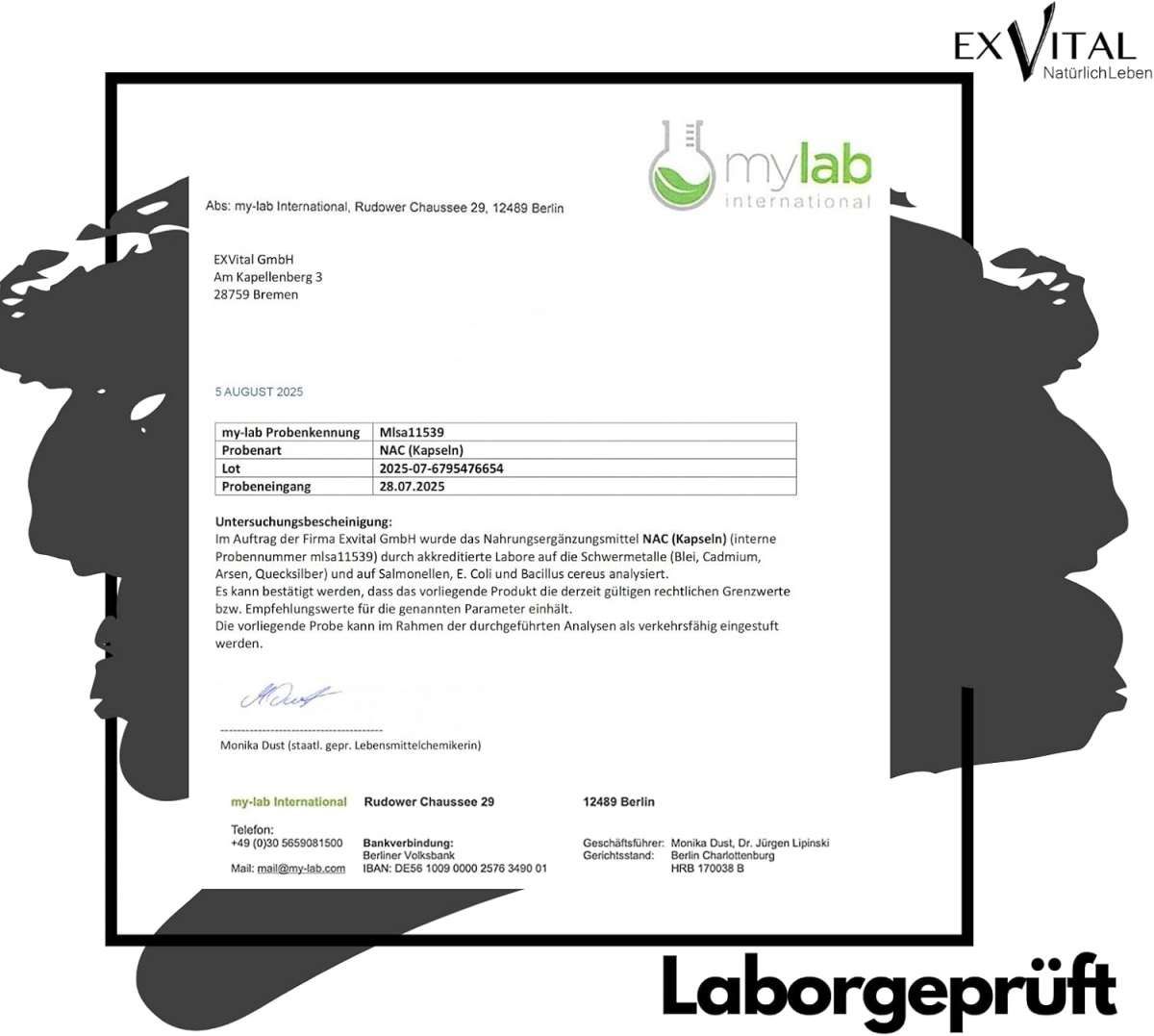 Laborgeprüft. Dokument von mylab international. Analyse von NAC (Kapseln) auf Schadstoffe. Unterschrift und Stempel.