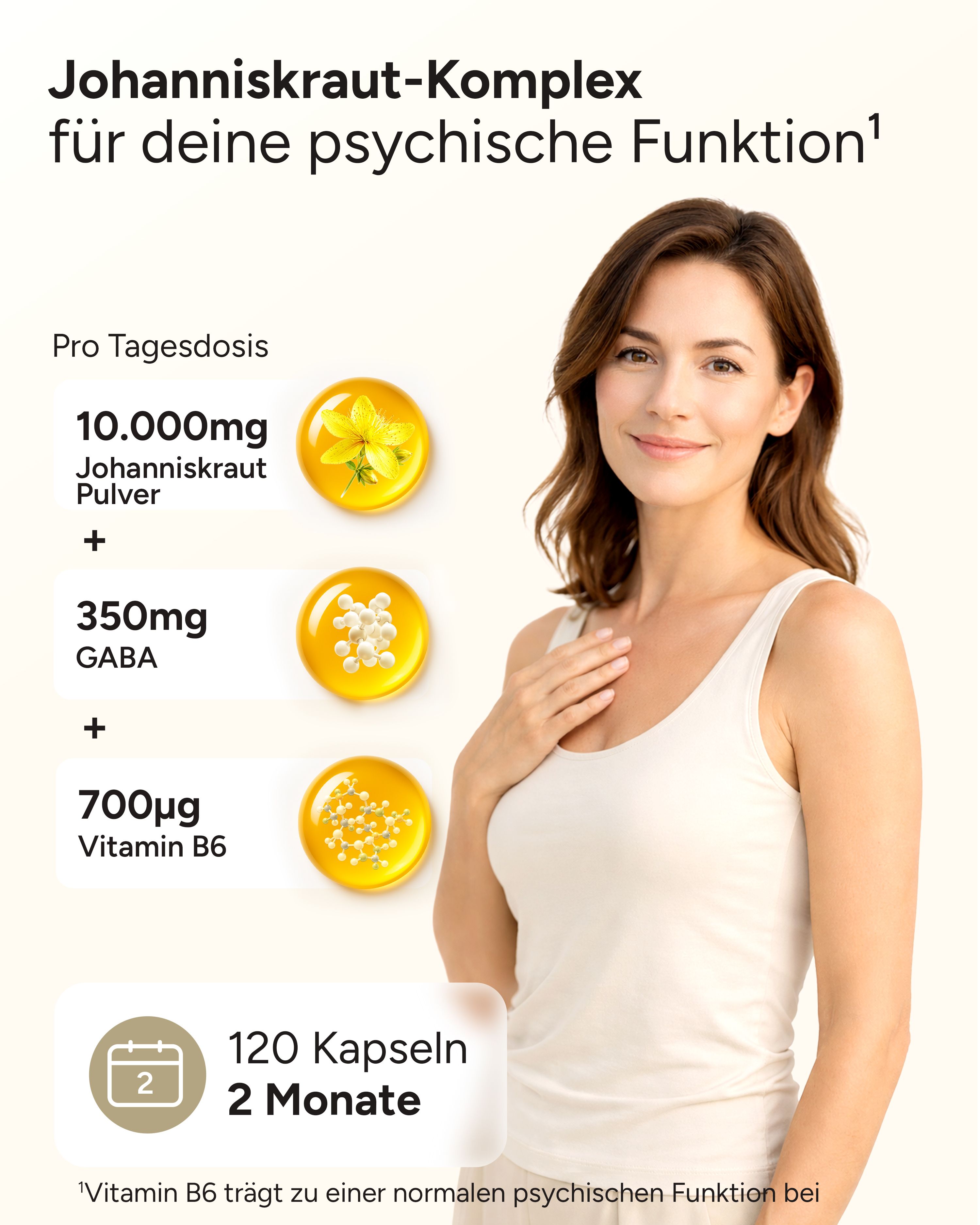 Frau mit Produktinformationen. 10.000mg Johanniskraut, 350mg GABA, 700µg Vitamin B6. 120 Kapseln für 2 Monate.