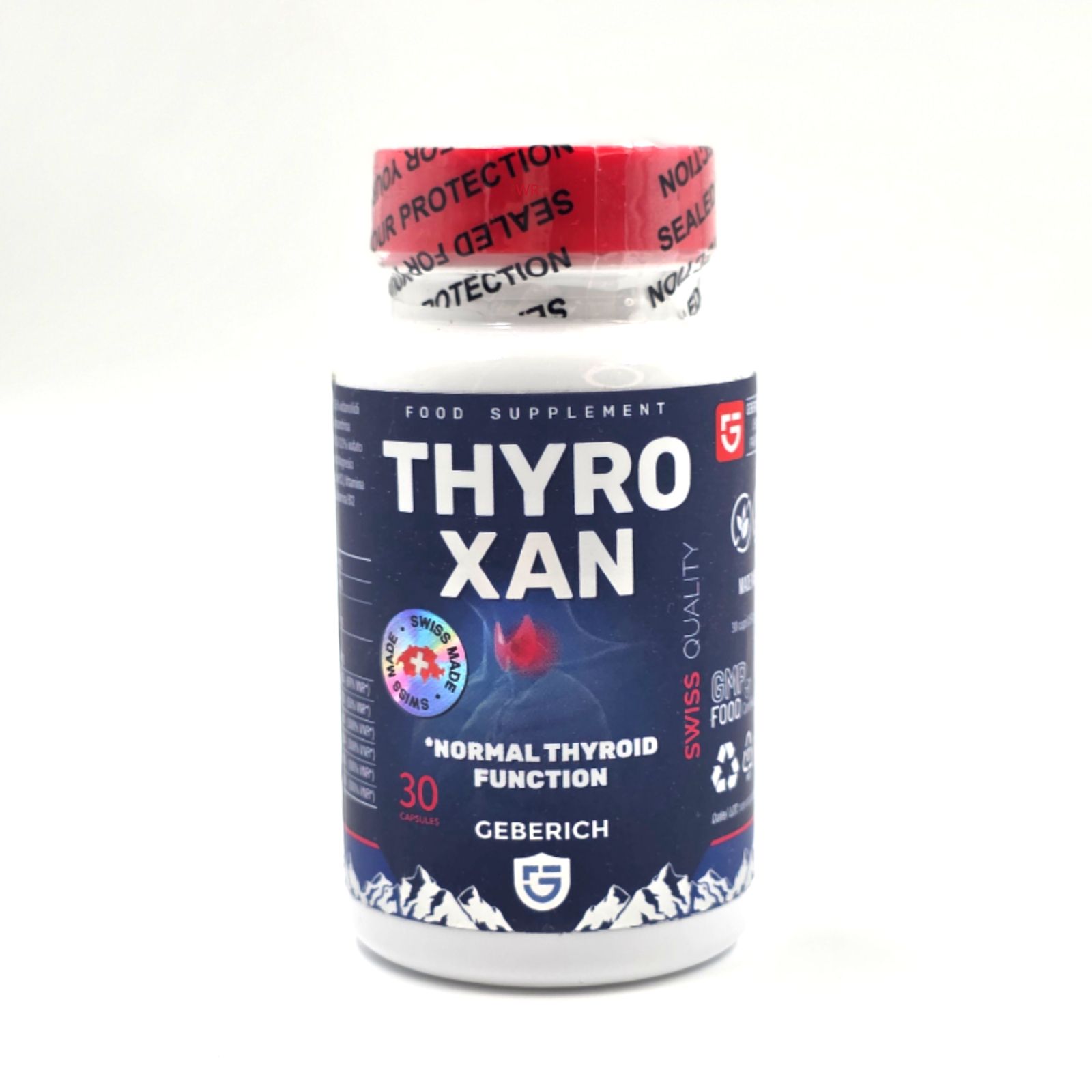 Weiße Flasche mit rotem Deckel. Aufschrift: ThyroXan, 30 Kapseln, Geberich. Siegel: Sealed for your protection. Swiss Quality.