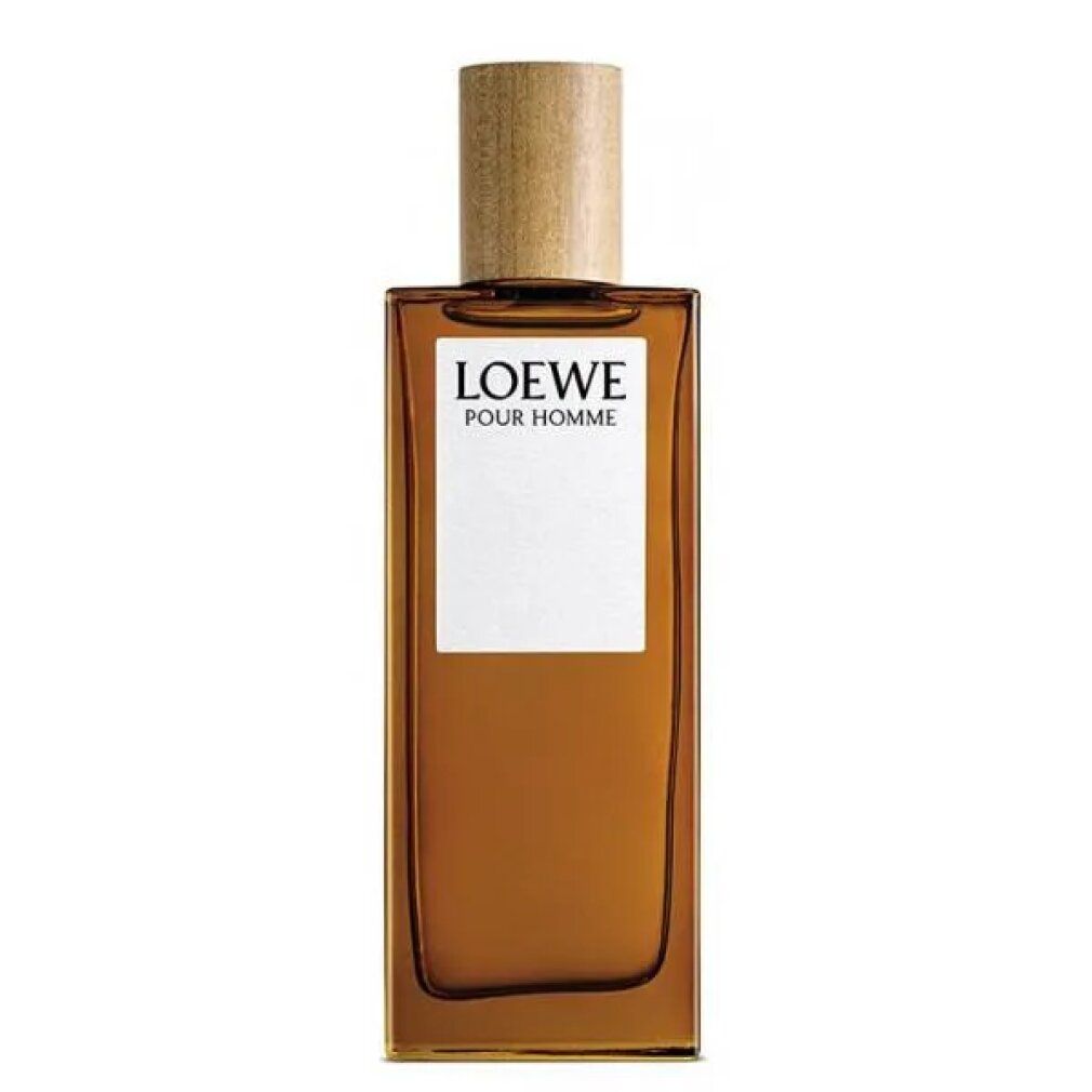 Braune Glasflasche mit Holzverschluss. Auf weißem Etikett steht "LOEWE POUR HOMME".