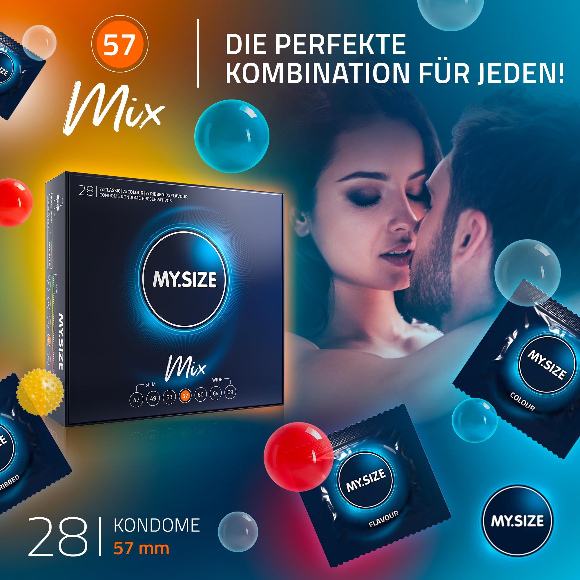 MY.SIZE Mix Kondome, 28 Stück, 57mm Breite, mit Paaren im Hintergrund.