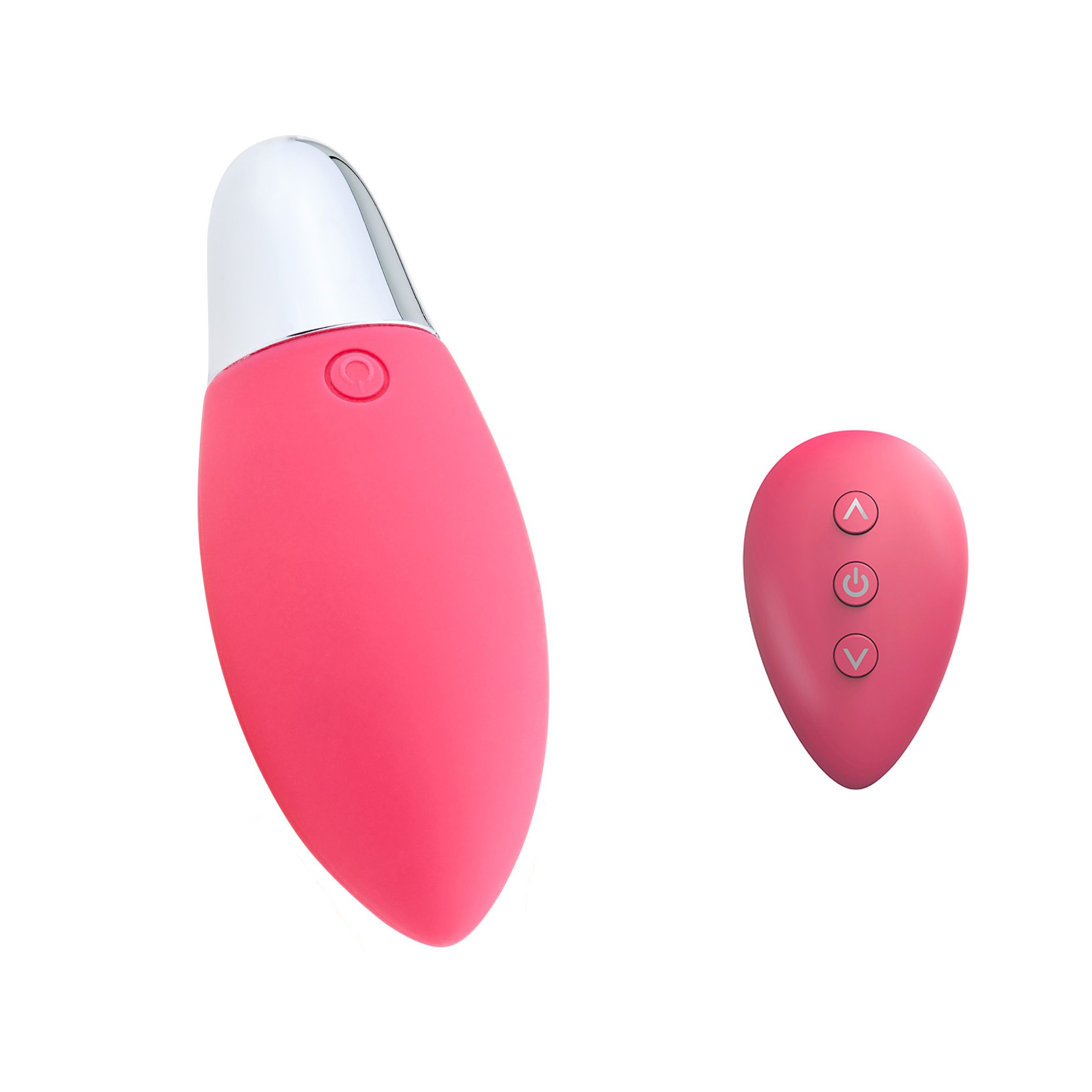 Rosa Vibrator mit weißem Kopf und Fernbedienung. Fernbedienung mit drei Knöpfen. Auf weißem Hintergrund.