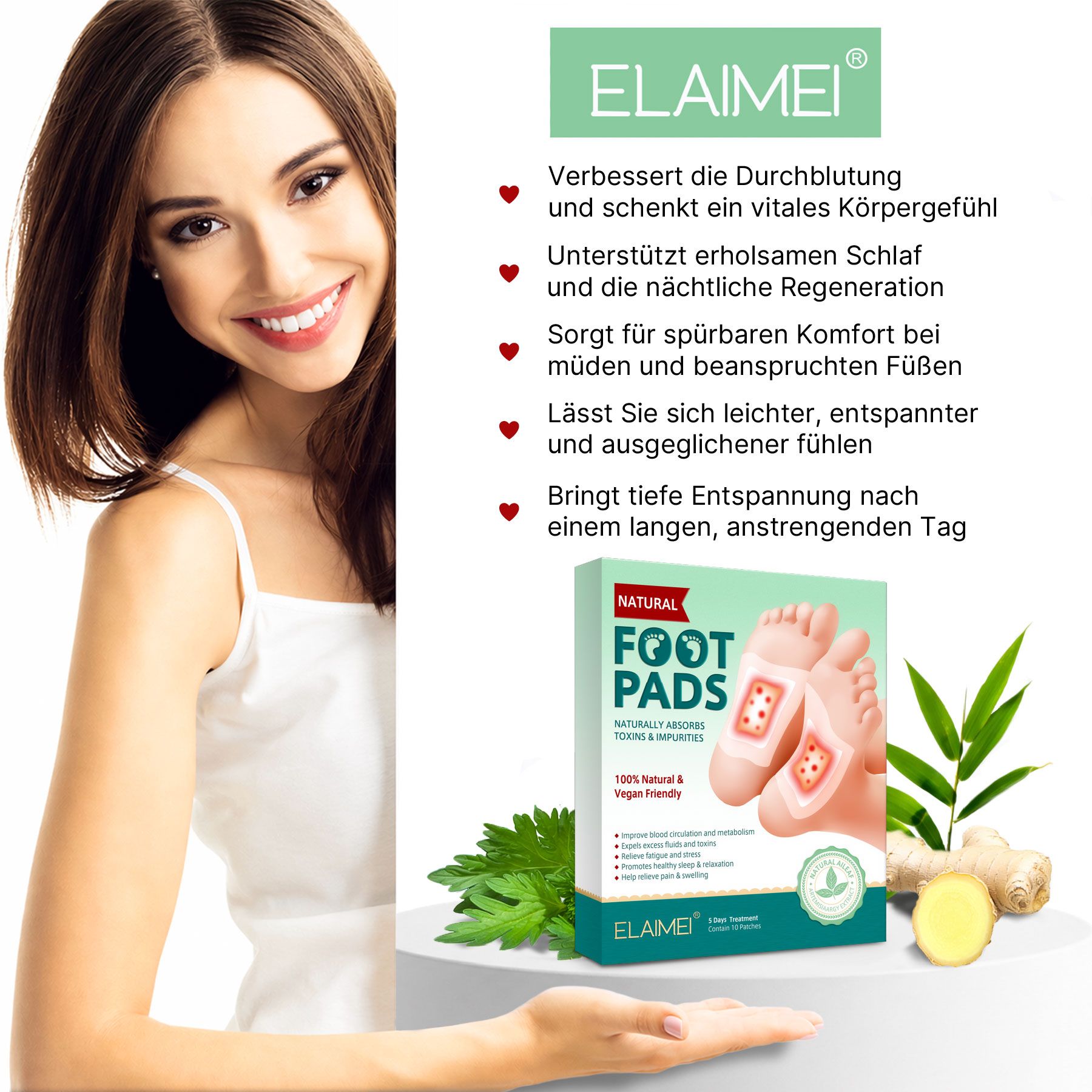 Verpackung von ELAIMEI Fußpads mit Abbildung von Füßen mit Pads.