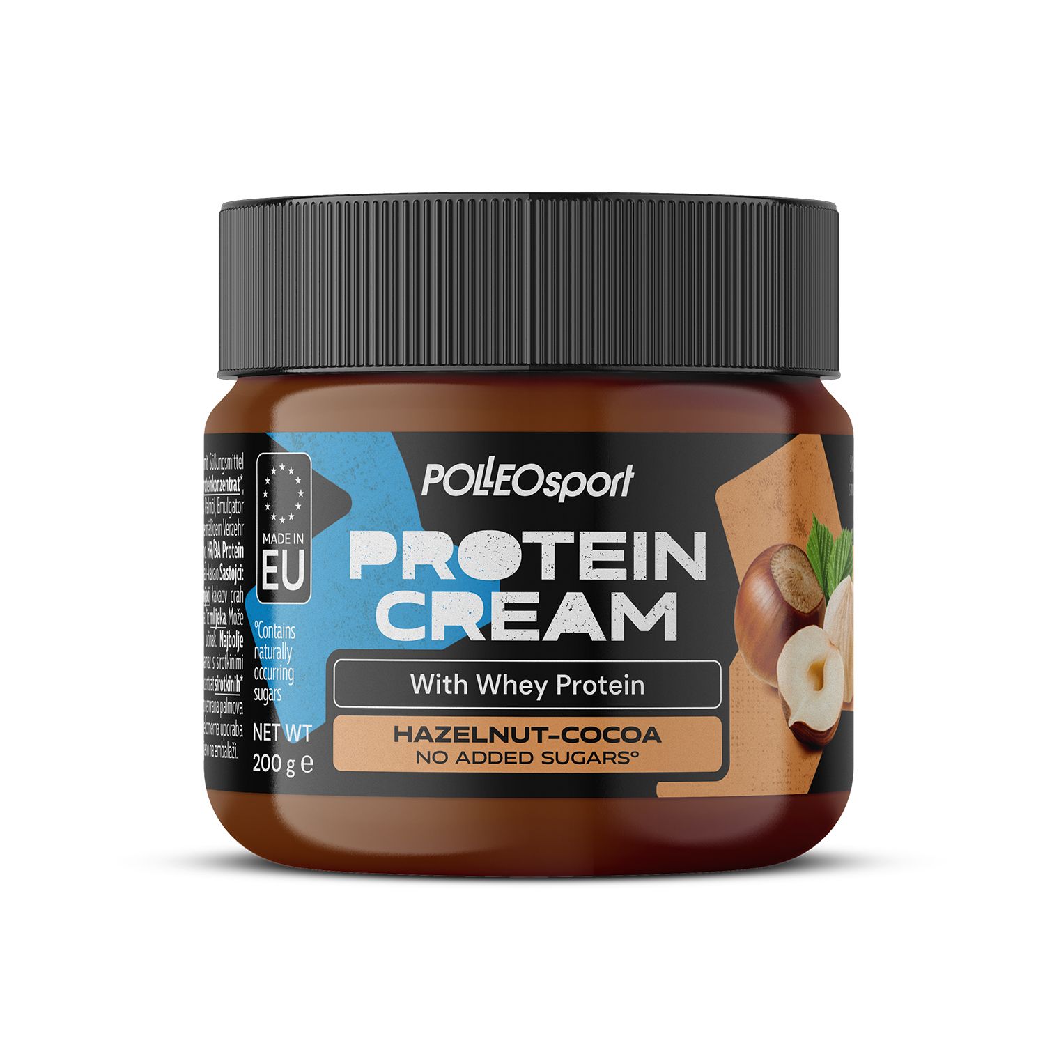 Braune Dose mit schwarzem Deckel. Aufschrift: PROTEIN CREAM, HAZELNUT-COCOA, ohne Zuckerzusatz. Abbildung von Haselnüssen.