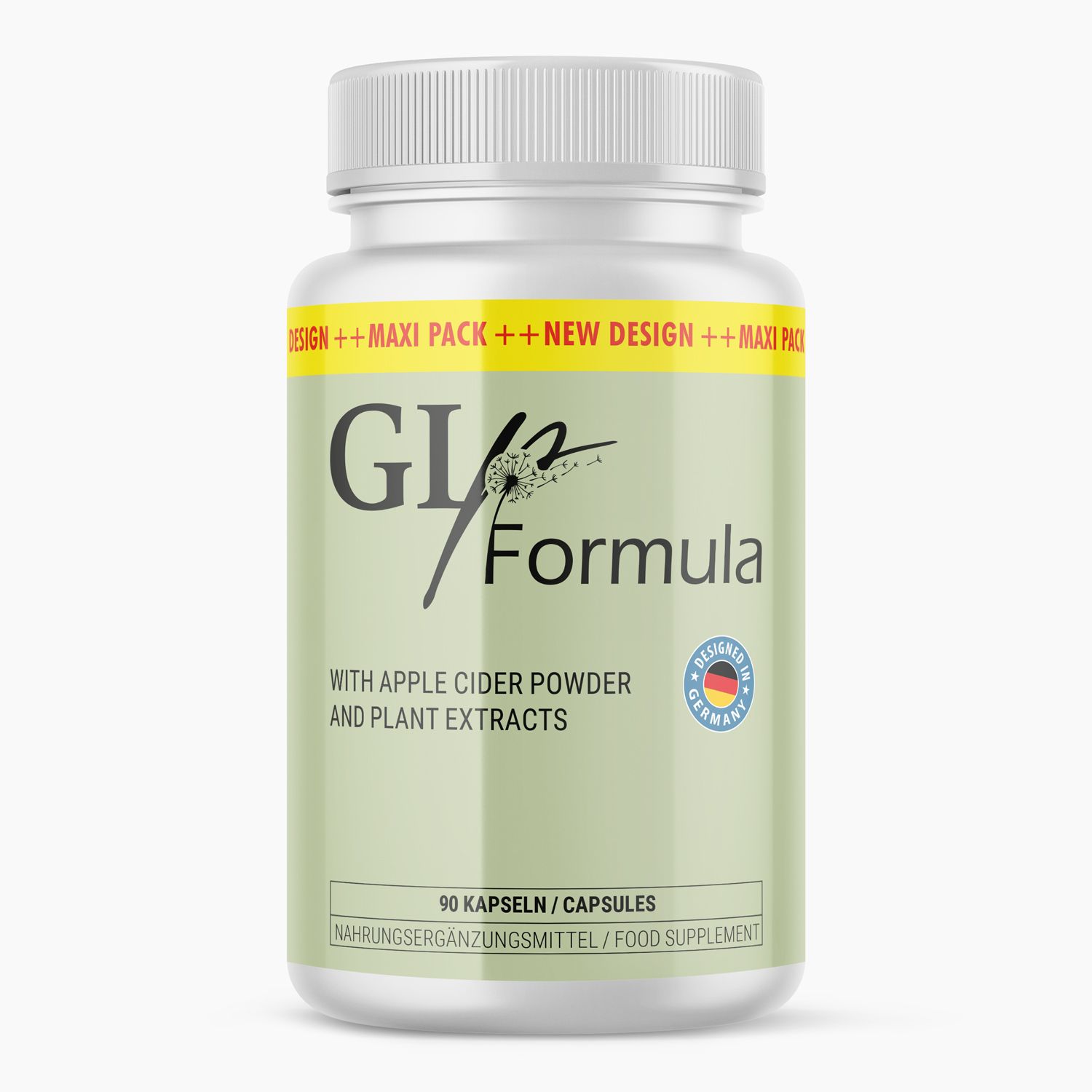 Weißes Pillenbehälter mit grüner Etikett. Aufschrift: GLp Formula, Apfelessig-Pulver, Pflanzenextrakte. 90 Kapseln. Made in Germany.