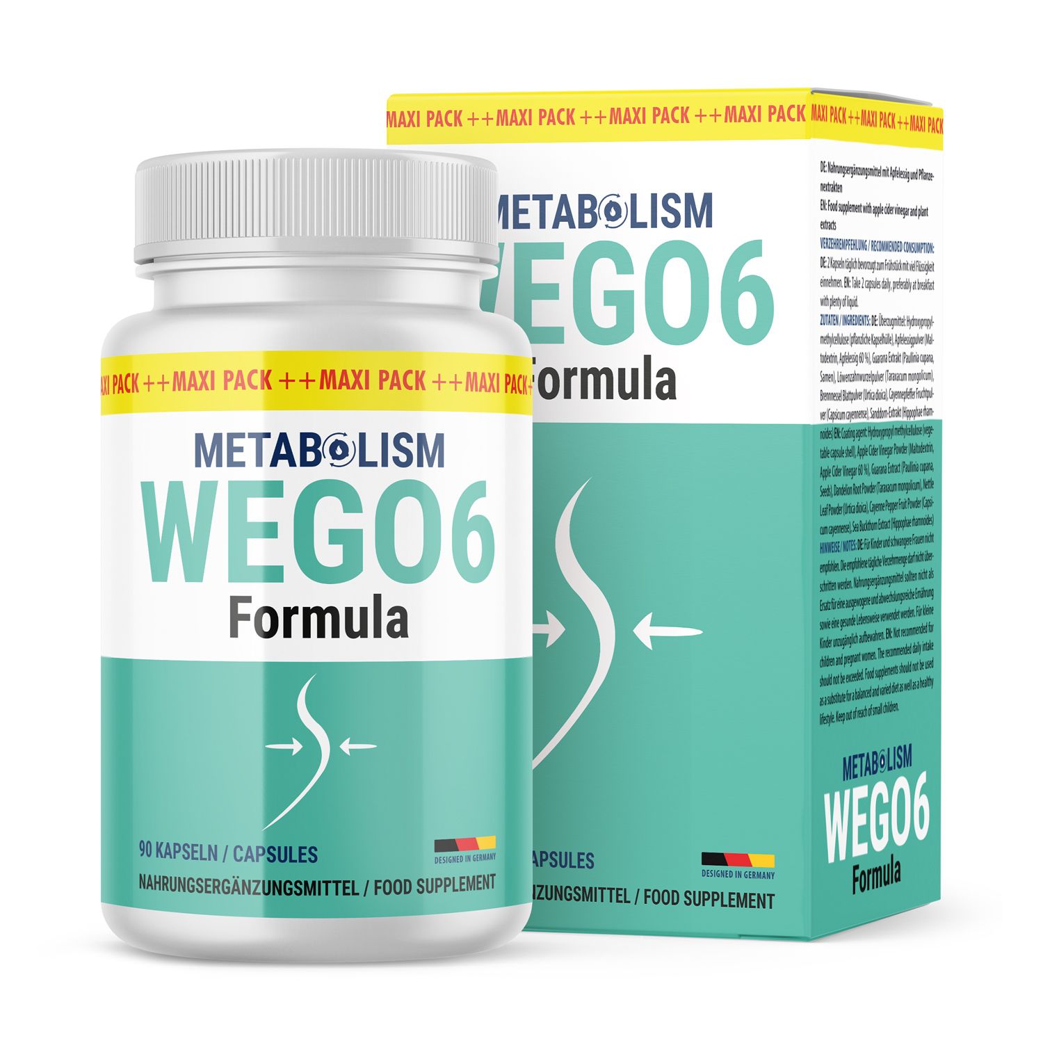 Kapseln-Dose mit Produktnamen und Verpackung. Aufschrift: Metabolism Wego6 Formula. Grün-weißes Design. Mit Deutschland-Flagge.