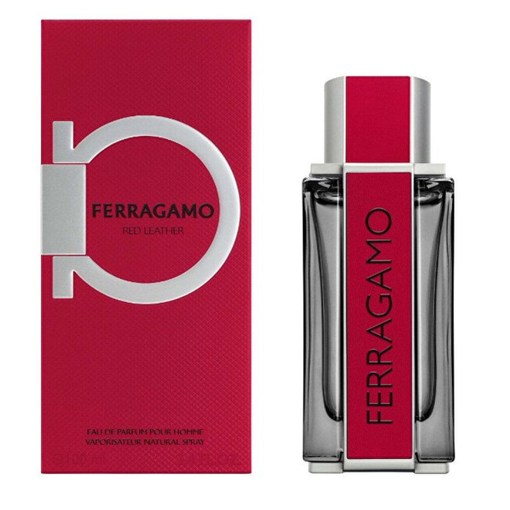 Salvatore Ferragamo Red Leather Eau de Parfum Flakon und Verpackung mit rotem Design und silbernem Gancini-Logo.
