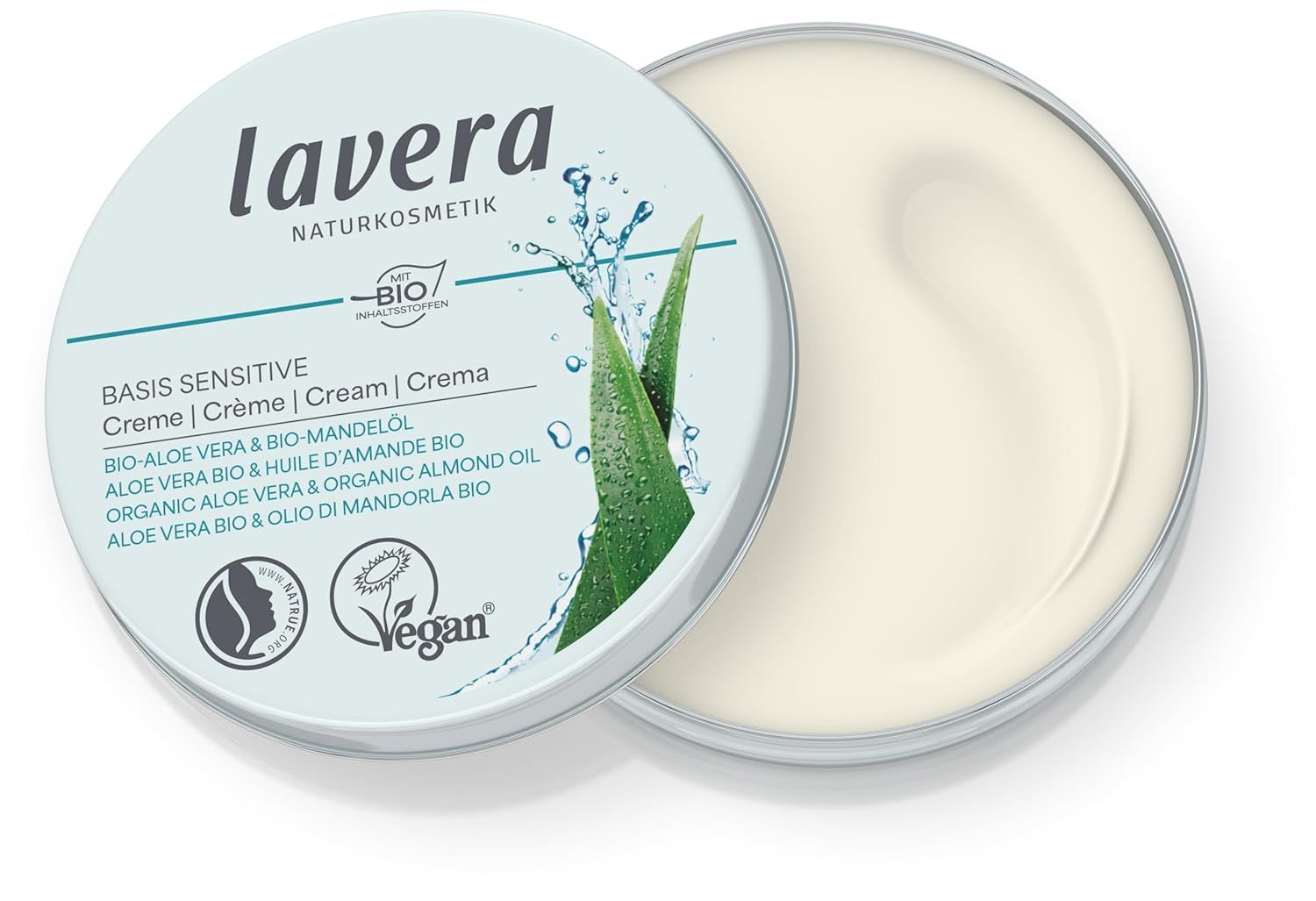 Offene Dose Creme. Deckel mit Produktnamen, Aloe Vera-Grafik und Logos. Creme in Dose. Text: Basis Sensitive, Bio-Aloe Vera & Bio-Mandelöl.