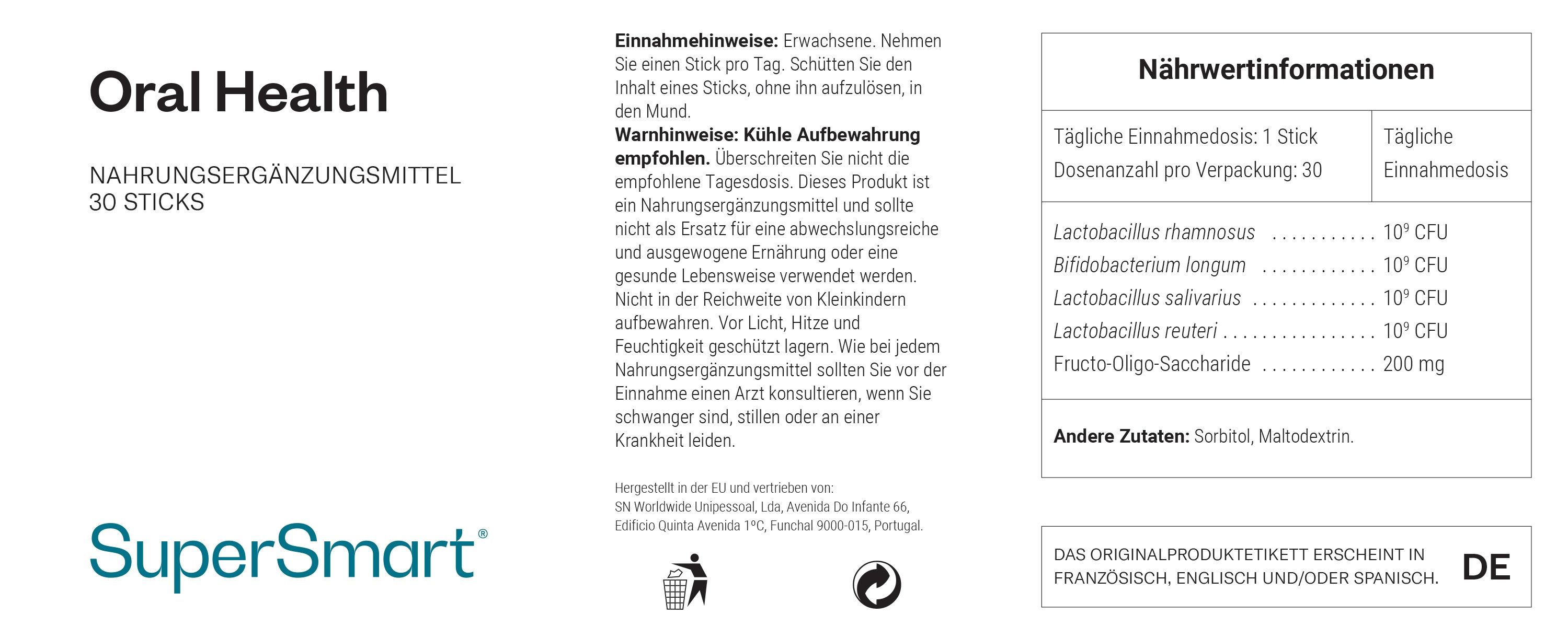 Faltblatt Oral Health, Nahrungsergänzungsmittel, 30 Sticks. Enthält Nährwertangaben und Anwendungshinweise.