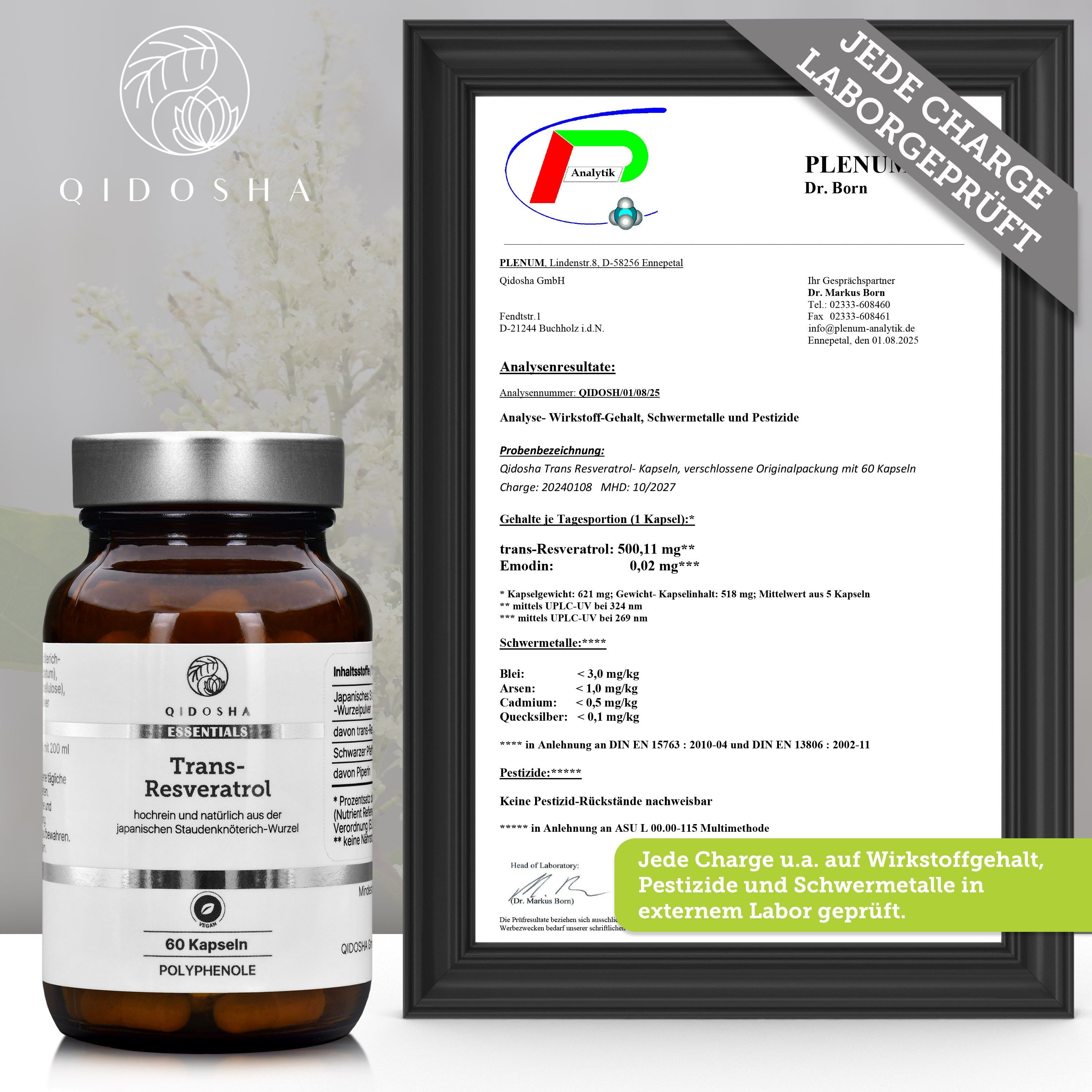 QIDOSHA Trans-Resveratrol Kapseln Flasche neben einem Laborbericht-Zertifikat. "Jede Charge laborgeprüft".