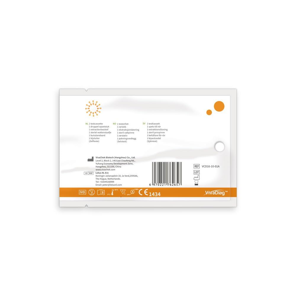 Rückseite einer VivaDiag Pro Corona Antigen Schnelltest Verpackung. Barcode, CE-Kennzeichnung und Herstellerinformationen.