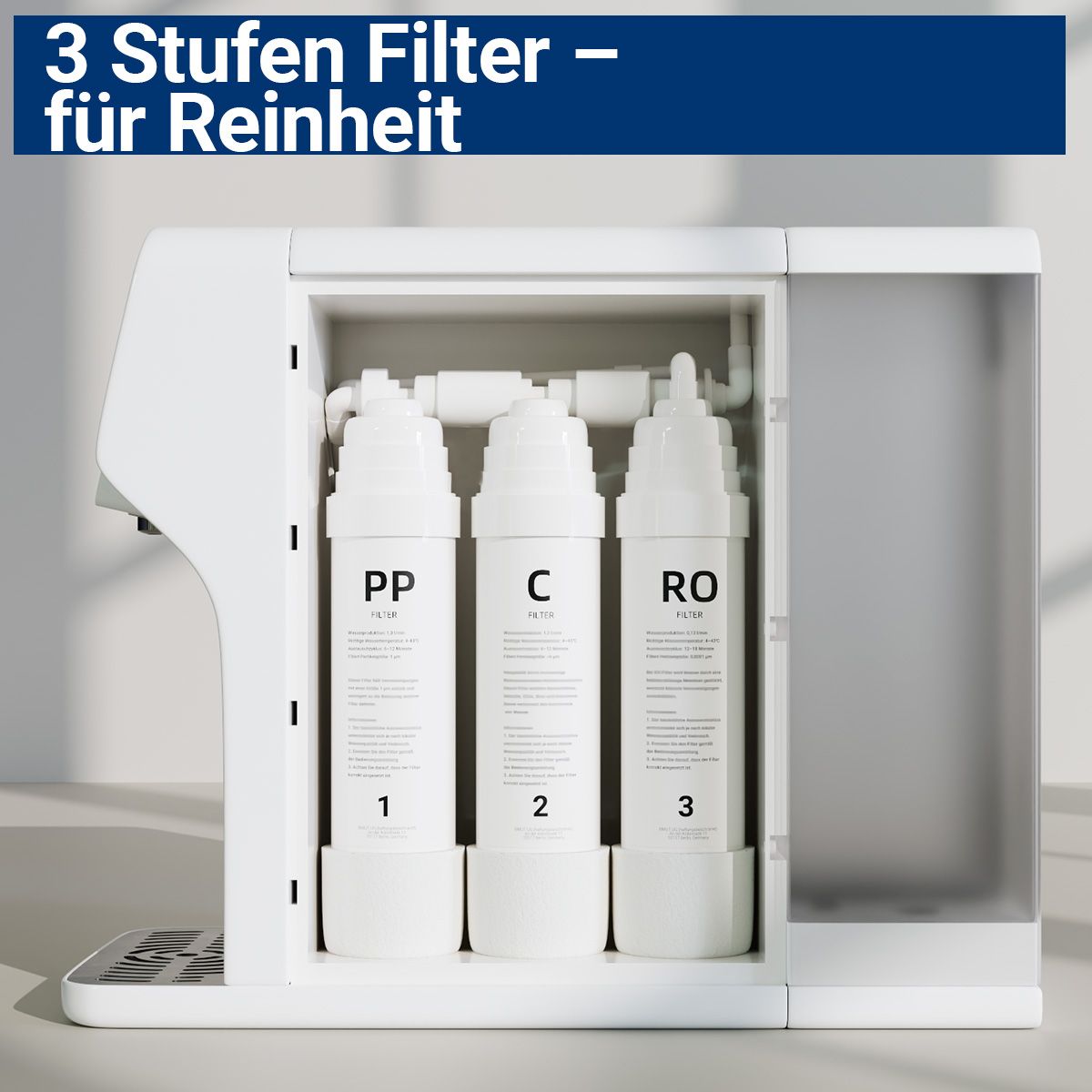 Gehäuse mit drei Filterkartuschen: PP, C, RO. Beschriftung: 1, 2, 3. Gehäuse ist weiß und hat einen transparenten Bereich.