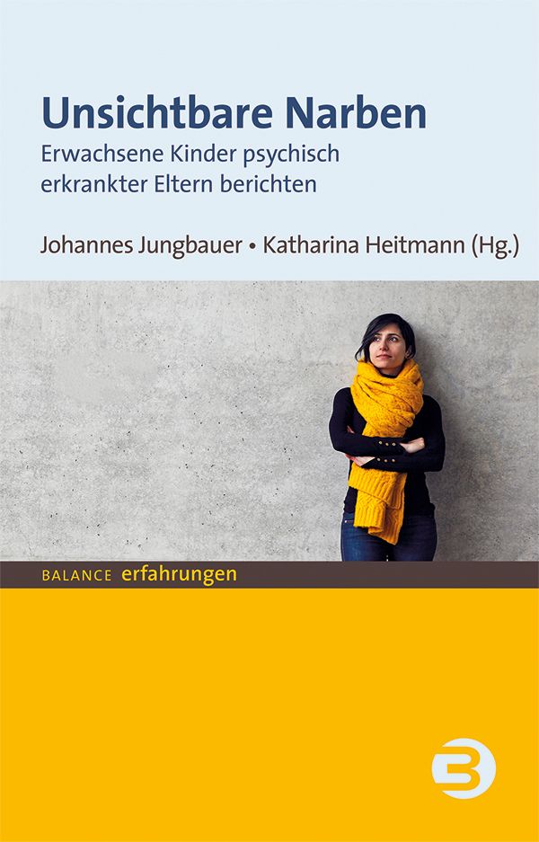 Buchcover: „Unsichtbare Narben“. Titel, Autoren, Frau mit gelbem Schal. Verlag BALANCE Erfahrungen.