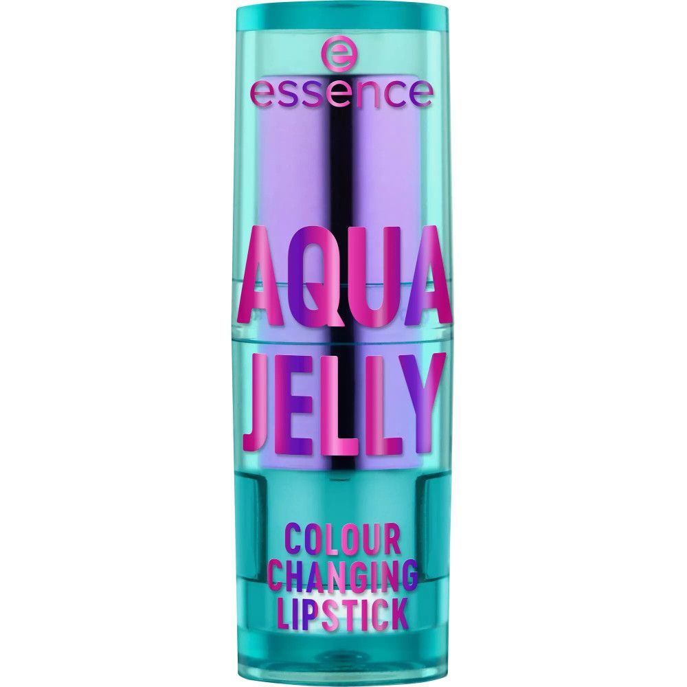 Aqua Jelly Farbwechsel Lippenstift. Türkis-farbener Stift mit lila Schrift. Der Lippenstift ist spiralförmig.