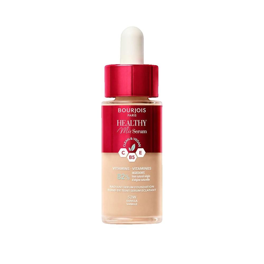 Flakon mit Foundation. Roter Deckel, transparente Flasche. Aufschrift: Healthy Mix Serum, Vitamine C, E, B5. Farbton: 52W-Vanille.