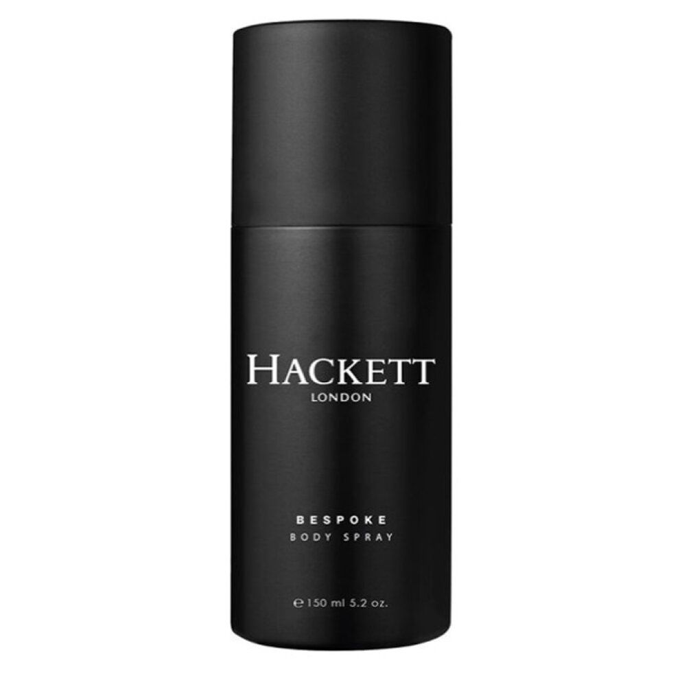 Schwarze Sprühflasche mit weißem "HACKETT LONDON"-Logo und "BESPOKE BODY SPRAY"-Text. Unten: "e 150 ml 5.2 oz."