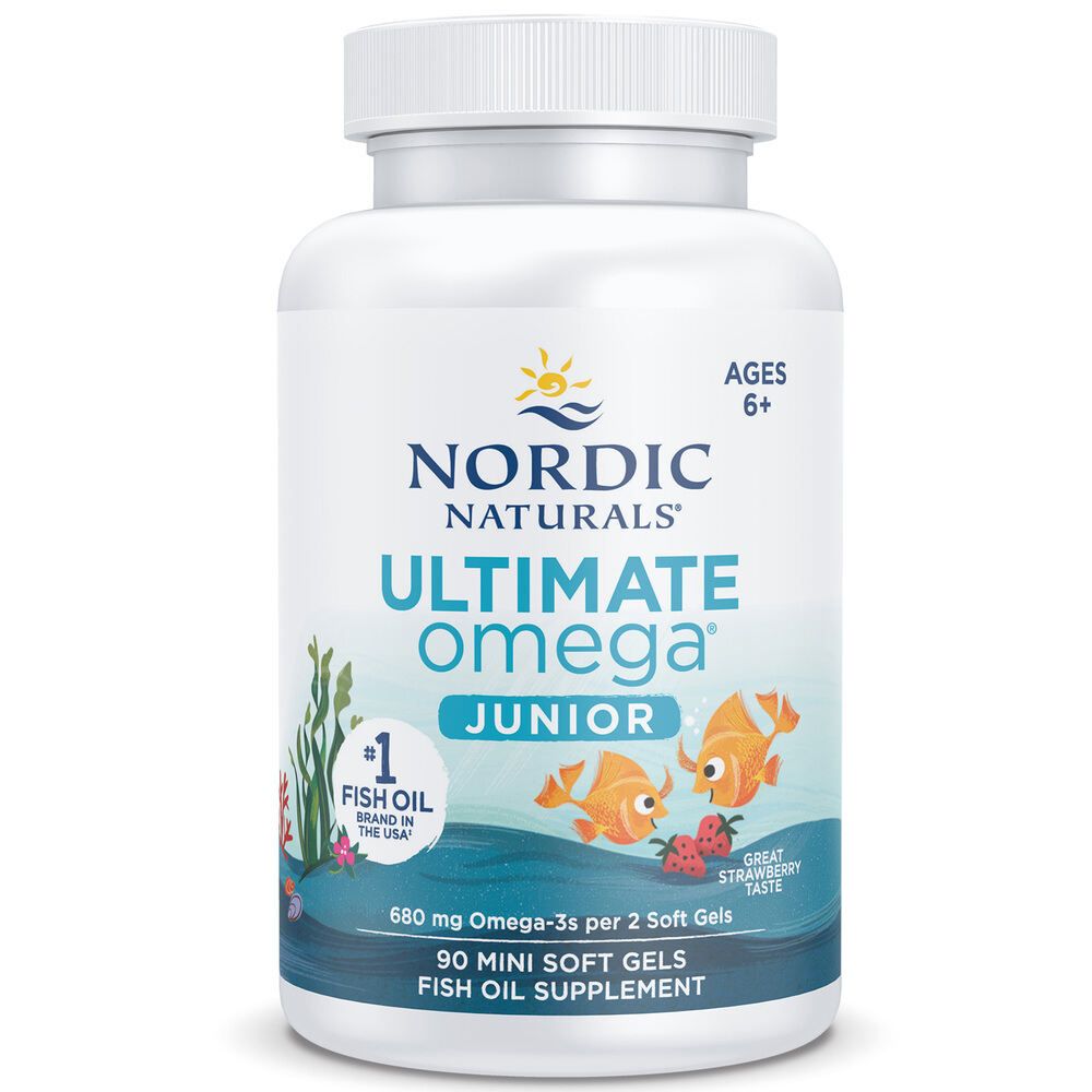 Weichkapseln in einer weißen Flasche. Aufschrift: Nordic Naturals, Ultimate Omega Junior, Fischöl-Ergänzungsmittel. Für Kinder ab 6 Jahren.