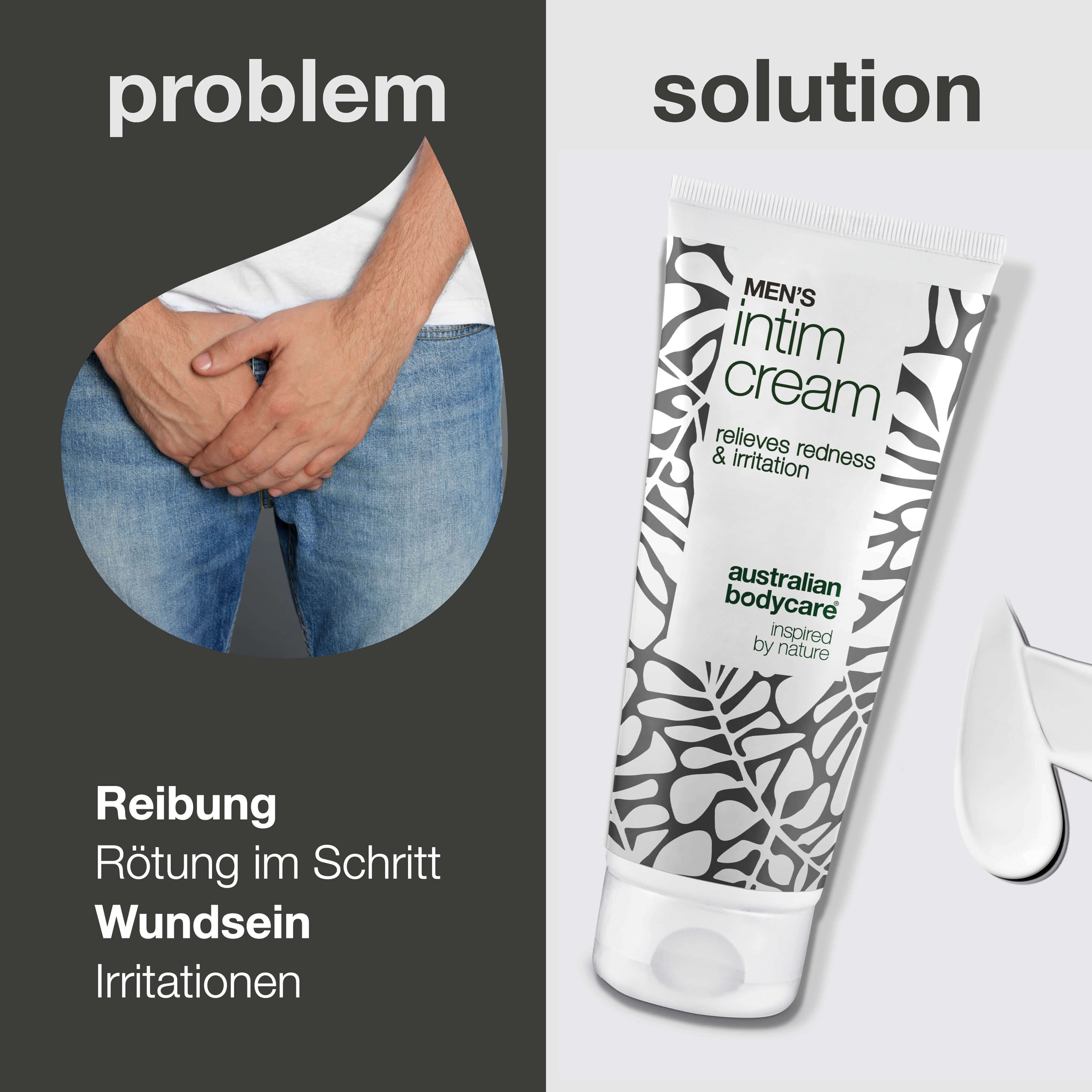Vergleich: Problem (Mann) und Lösung (Tube Intimcreme). Text: Men's Intim Cream, Australian Bodycare.
