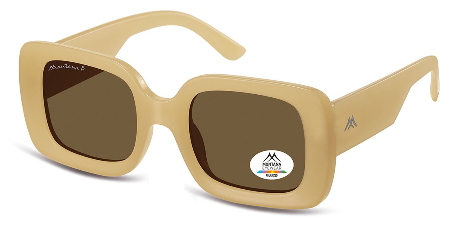 Beige Sonnenbrille, quadratische Form, braune Gläser. Montana Eyewear Logo auf dem Bügel und Glas. Polarisiert.