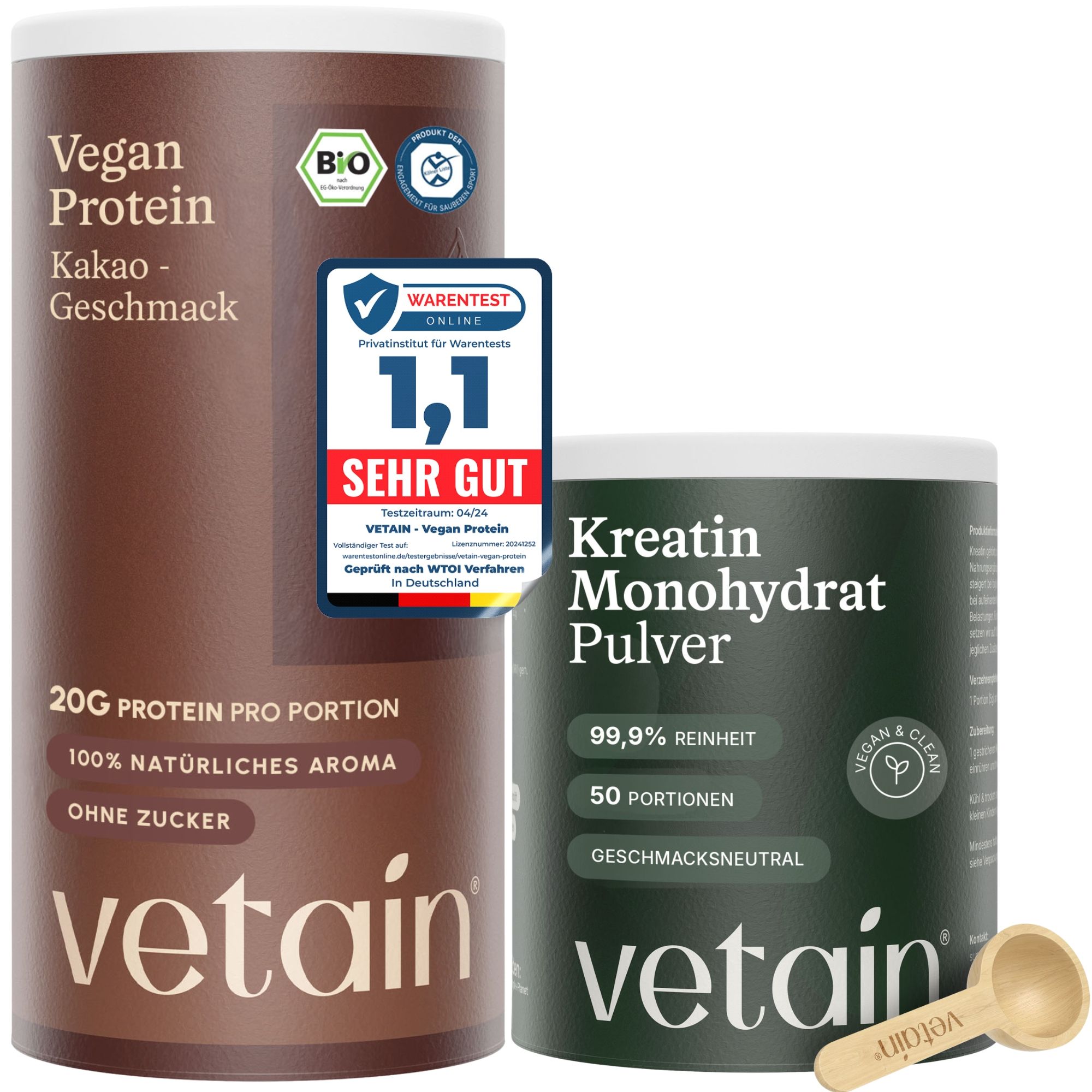 Vetain Proteinpulver Vegan + Kreatin Monohydrat – 20g Protein - fermentiert & ohne Zusätze 2 St Pulver