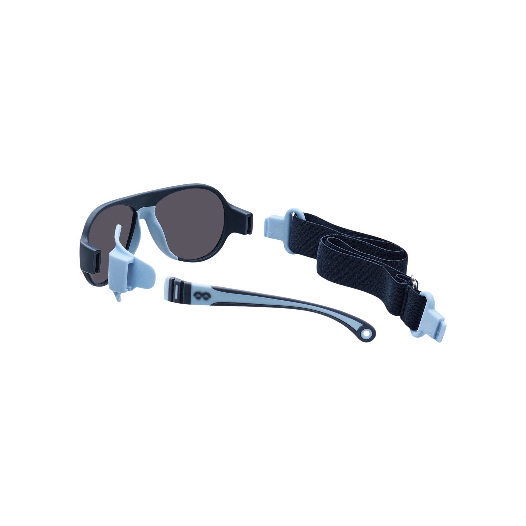 Sonnenbrille, Ersatzbügel und Band. Hellblau und dunkelblau. Aviator-Stil.
