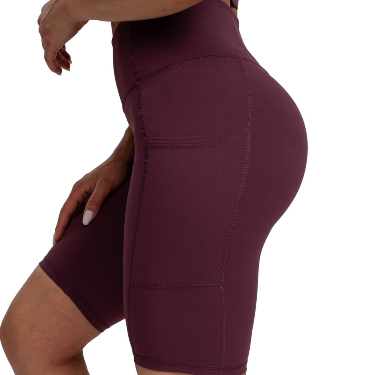 Damen Biker Shorts in Dunkelrot mit hoher Taille, Seitentaschen, Seitenansicht.