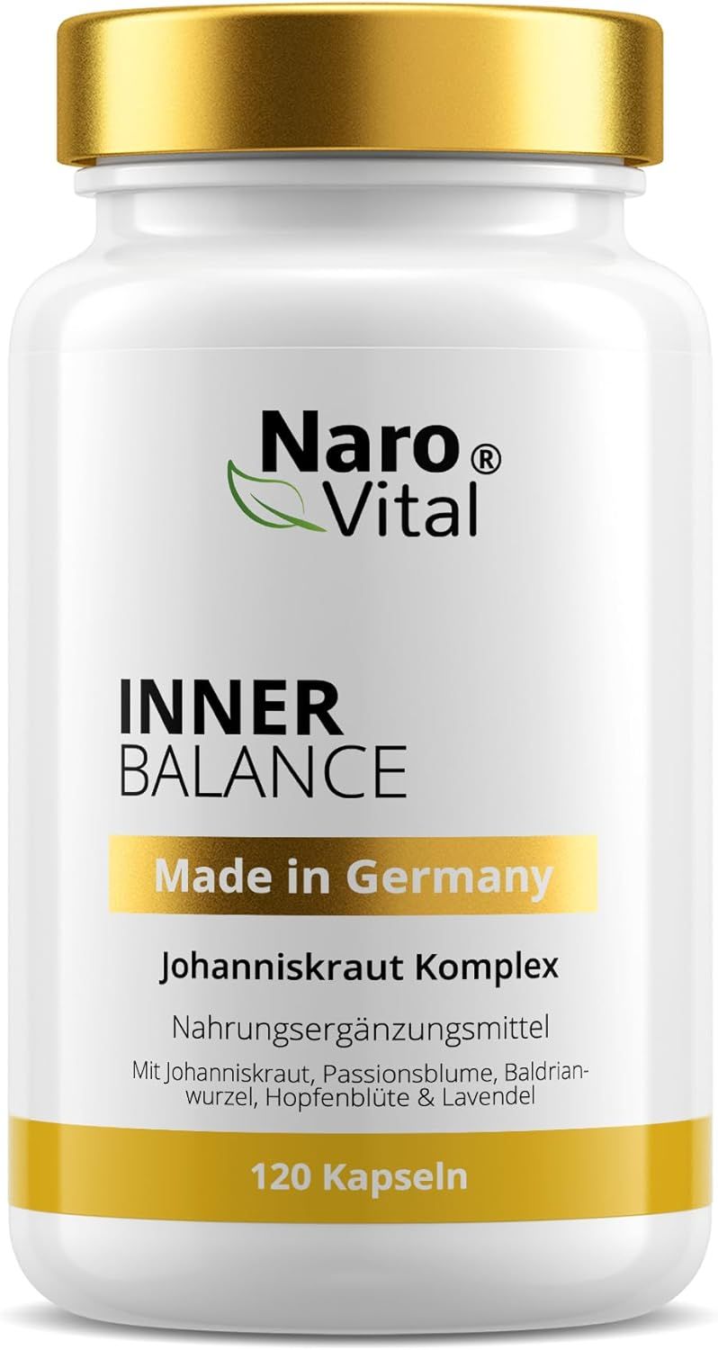 Weiße Flasche mit goldfarbenem Deckel. Aufschrift: Naro Vital, Inner Balance, Johanniskraut Komplex, 120 Kapseln. Made in Germany.