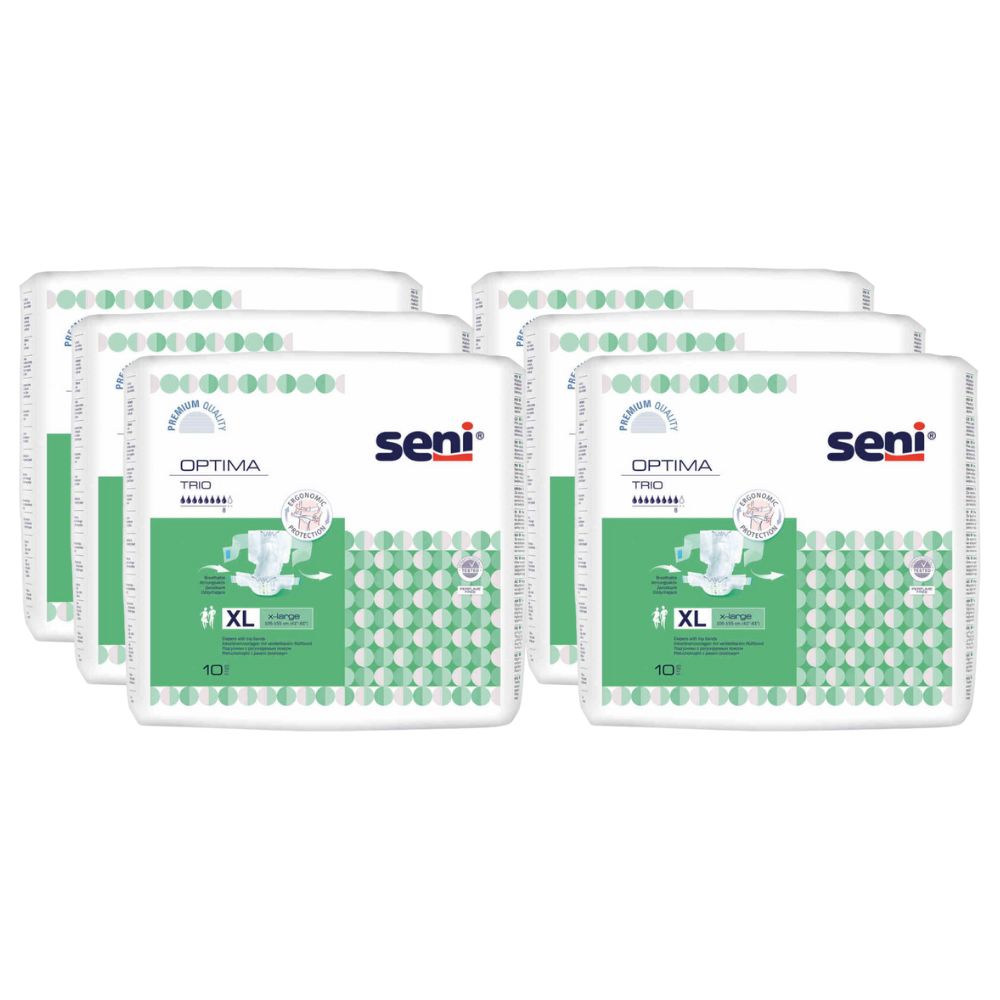 6 Packungen Seni Optima Trio Inkontinenzvorlagen. XL-Größe. Verpackung mit grünem Design und Seni-Logo.