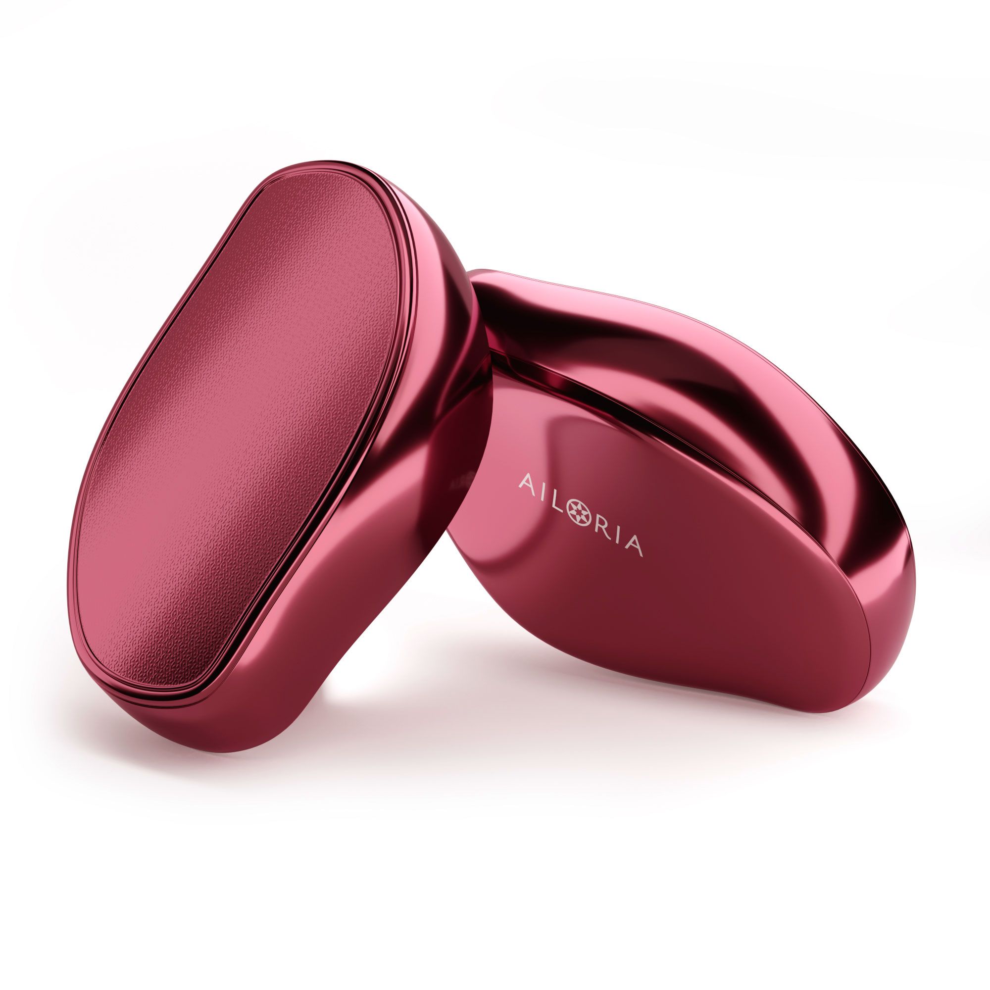 Zwei rote, ovale Geräte. AILORIA-Schriftzug auf einem. Glänzende Oberfläche.