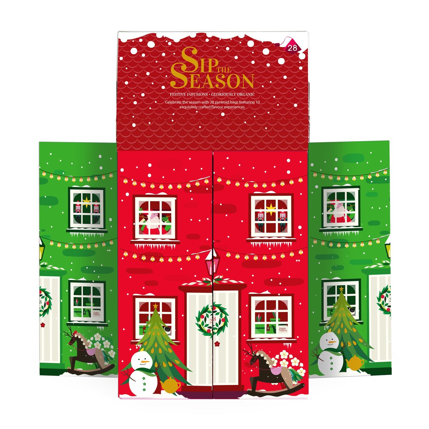 Adventskalender in Hausform mit Weihnachtsmotiv, 28 Teebeutel.