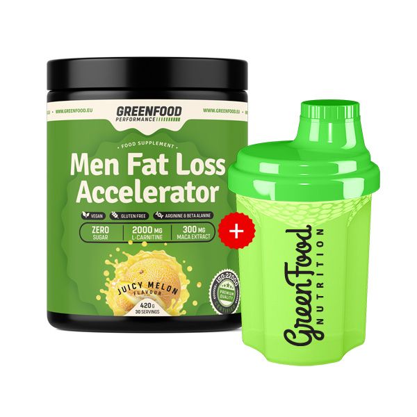 Schwarze Dose und grüner Shaker. Dose mit Aufschrift 'Men Fat Loss Accelerator'. Shaker mit 'GreenFood Nutrition' Logo. Beide Produkte auf weißem Hintergrund.