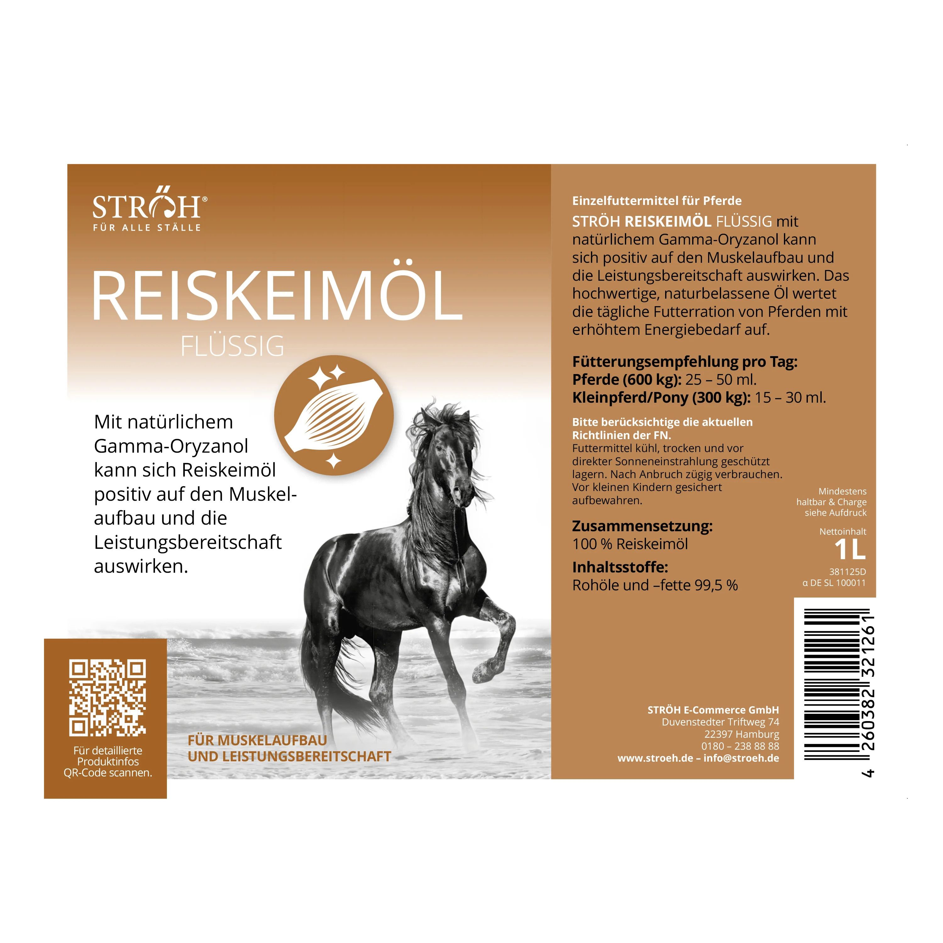 Etikett mit Produktname, Logo und Pferde-Illustration. Text über Fütterungsempfehlung. Hintergrund: Meer und Pferd.