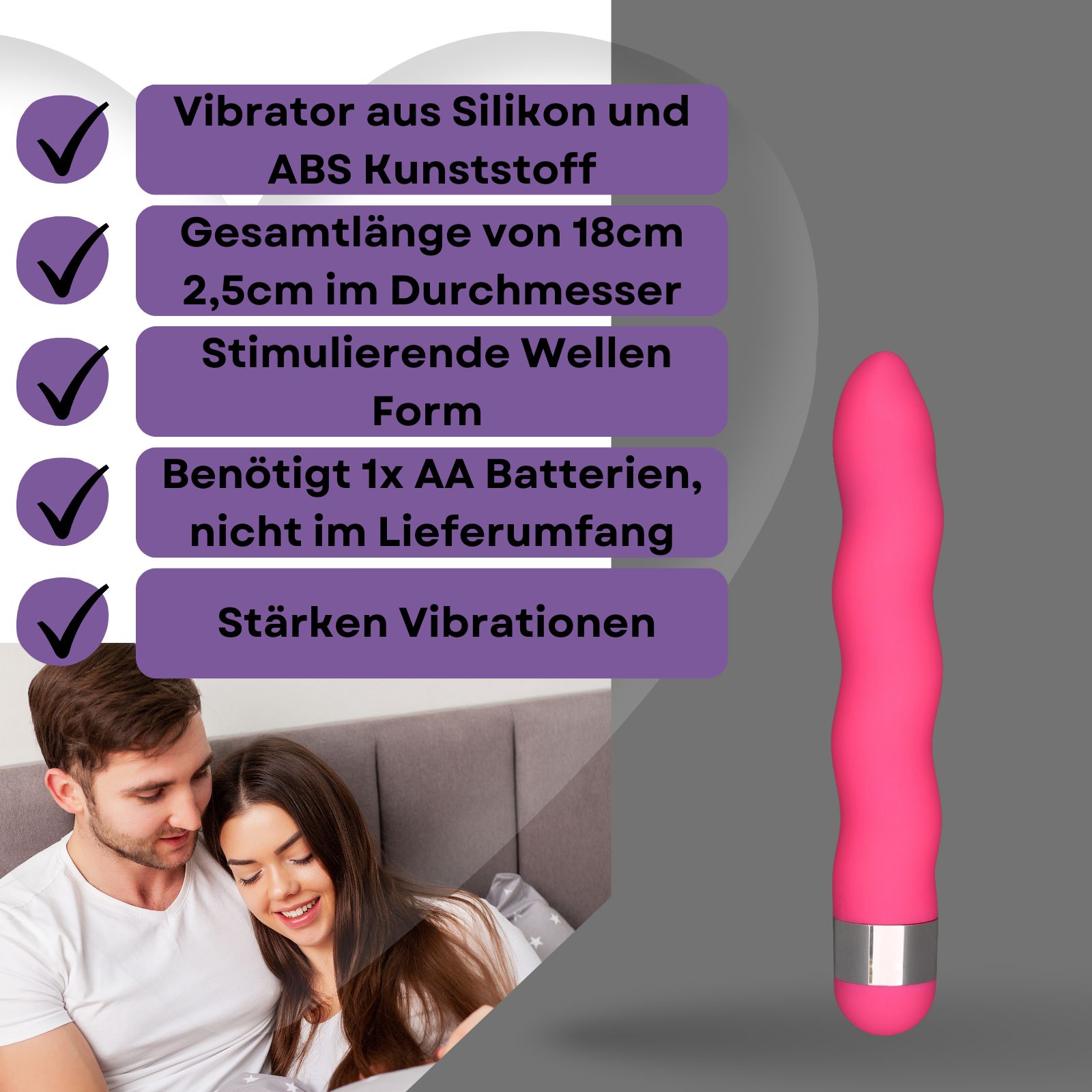 Pinkfarbener Vibrator. Länge 18 cm, Durchmesser 2,5 cm. Wellenform. Auf Podest.