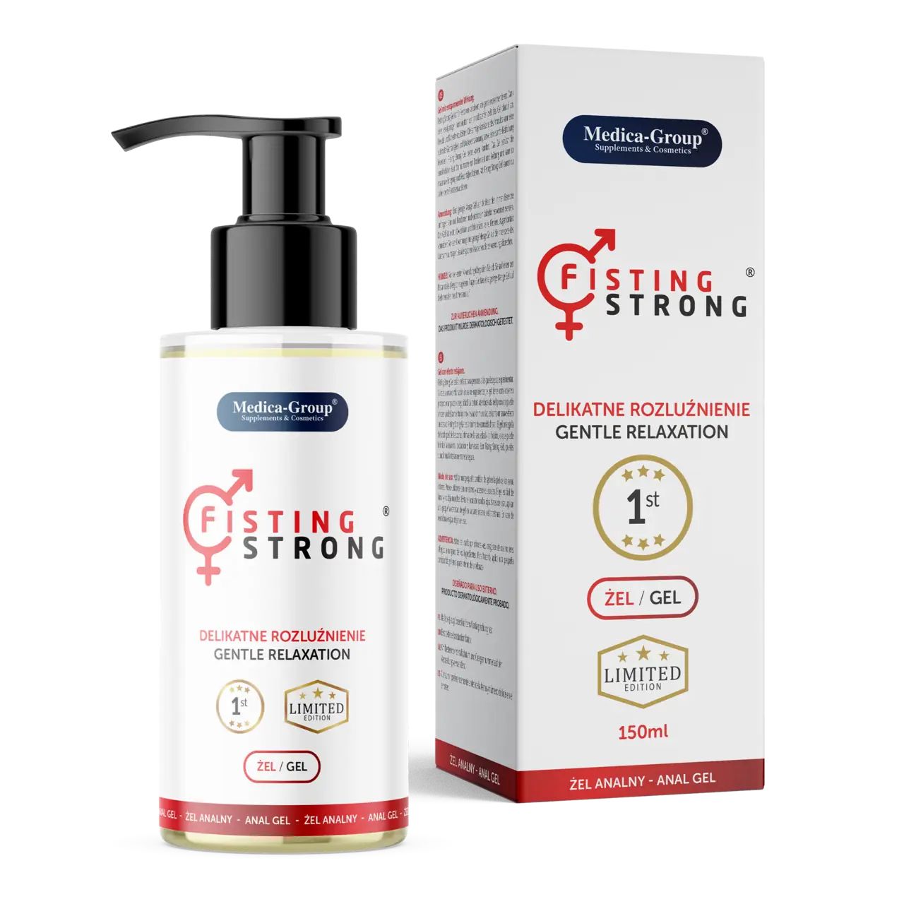 Gel-Flasche mit schwarzem Pumpkopf und Karton. Aufschrift: FISTING STRONG, DELIKATNE ROZLUŹNIENIE, GENTLE RELAXATION, ZEL/GEL, 150ml.