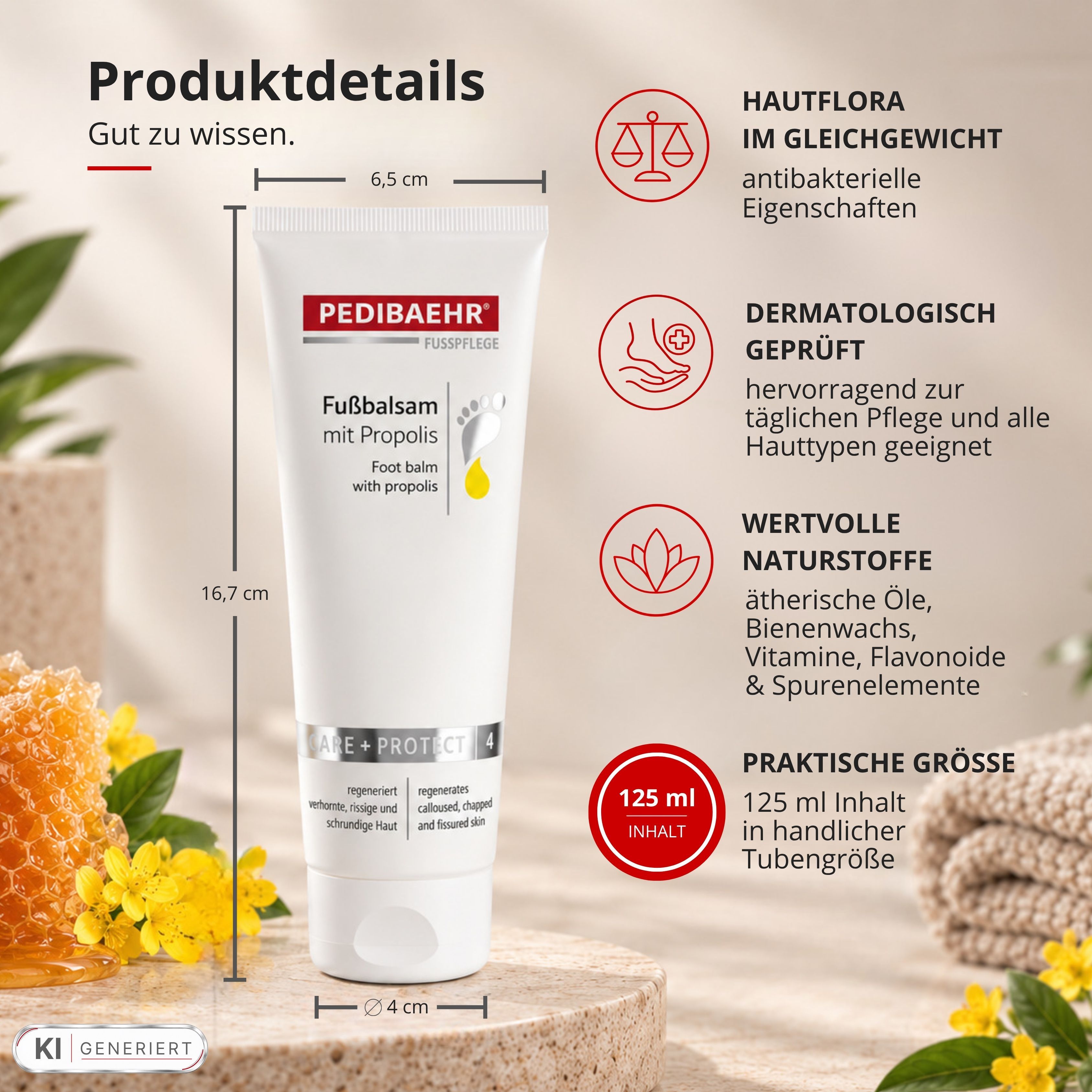 Maße der Pedibaehr Fußbalsam mit Propolis Tube: 16,7 cm Höhe, 6,5 cm Breite, 4 cm Tiefe.