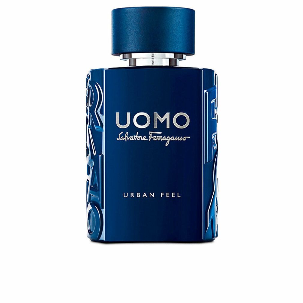Dunkelblaue Flasche mit silberner Aufschrift: UOMO Salvatore Ferragamo, Urban Feel. Blauer Deckel.