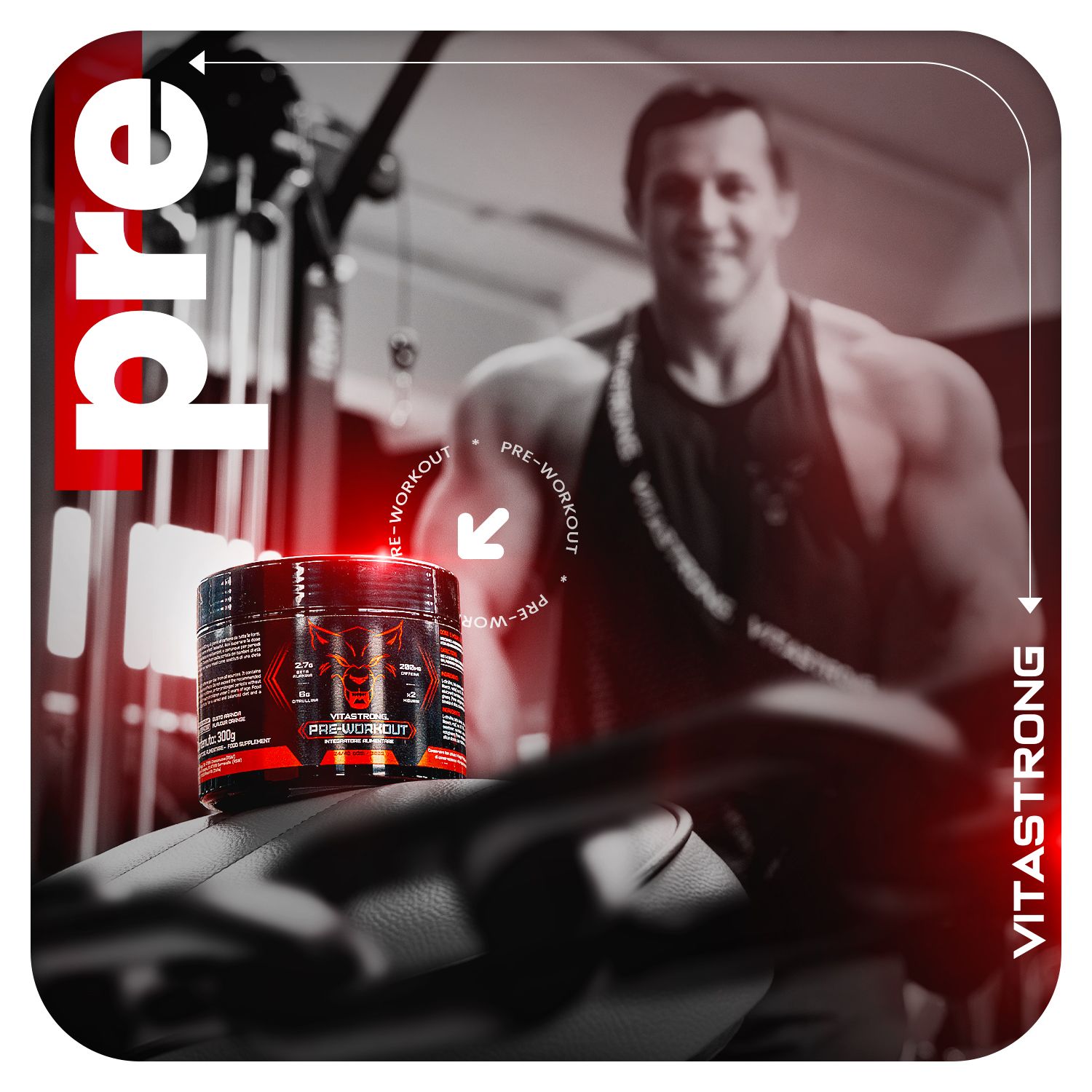 Mann im Fitnessstudio. Dose Vitastrong Pre-Workout. Roter Deckel. Schwarze Dose mit roter Schrift.