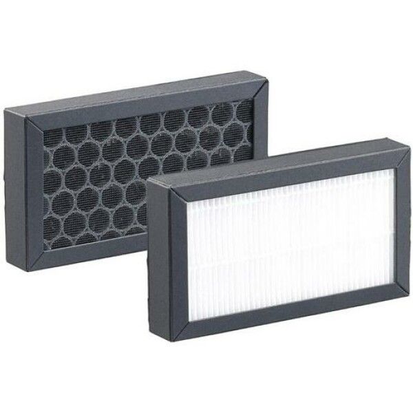 Zwei rechteckige Filter mit schwarzem Rahmen. Einer mit wabenförmigem Gitter, der andere mit weißem Filterpapier.