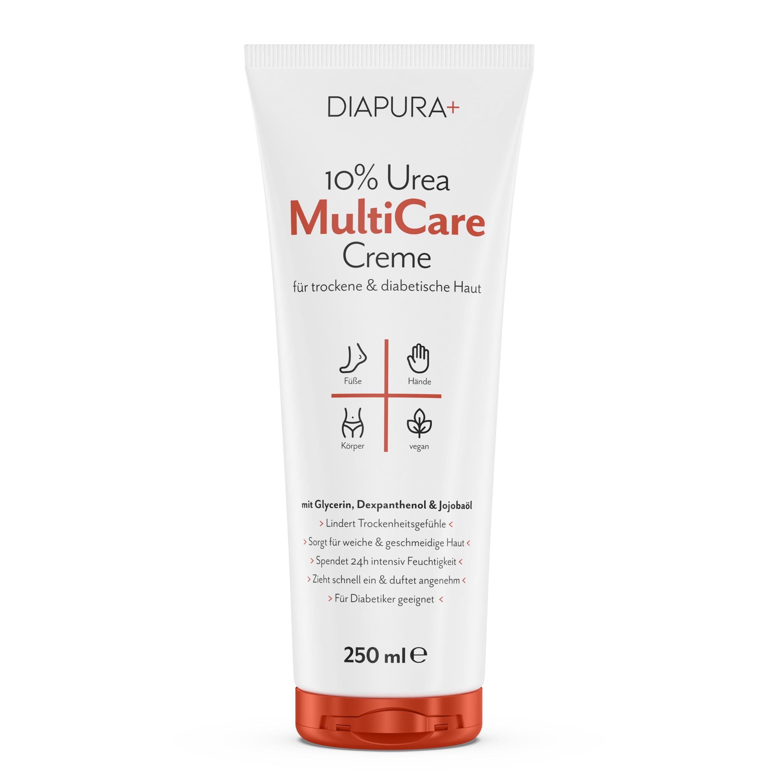 Creme-Tube DIAPURA+ 10% Urea MultiCare. Für trockene und diabetische Haut. Enthält Glycerin, Dexpanthenol & Jojoba. 250 ml.