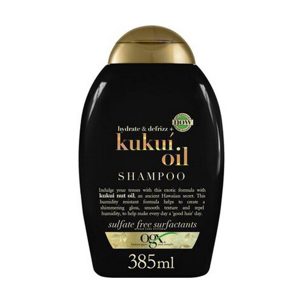 Schwarze Shampoo-Flasche mit goldfarbenem Deckel. Aufschrift: Kukui Oil Shampoo. Volumen: 385ml.