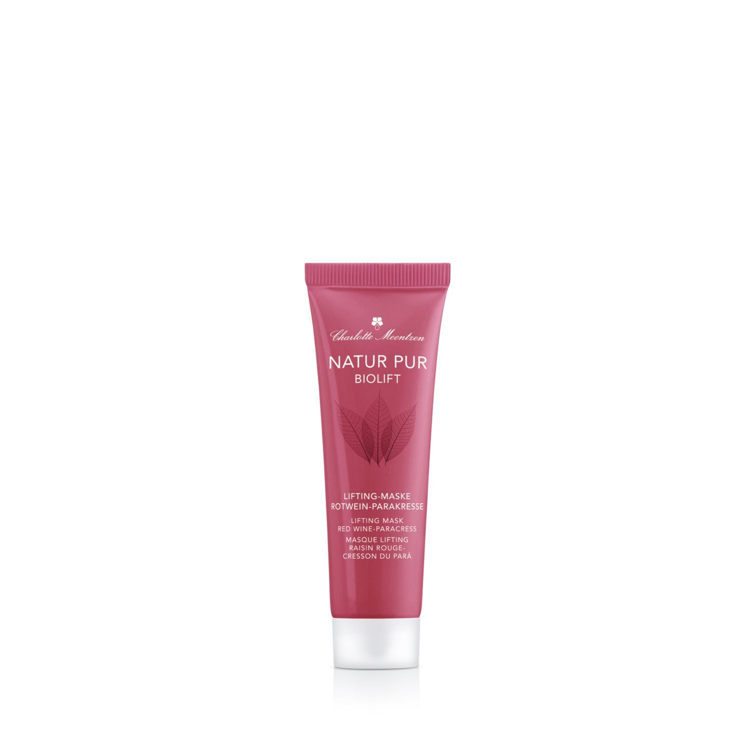 Rosa Tube mit weißem Verschluss. Aufschrift: Natur Pur Biolift, Lifting-Maske Rotwein-Parakresse.