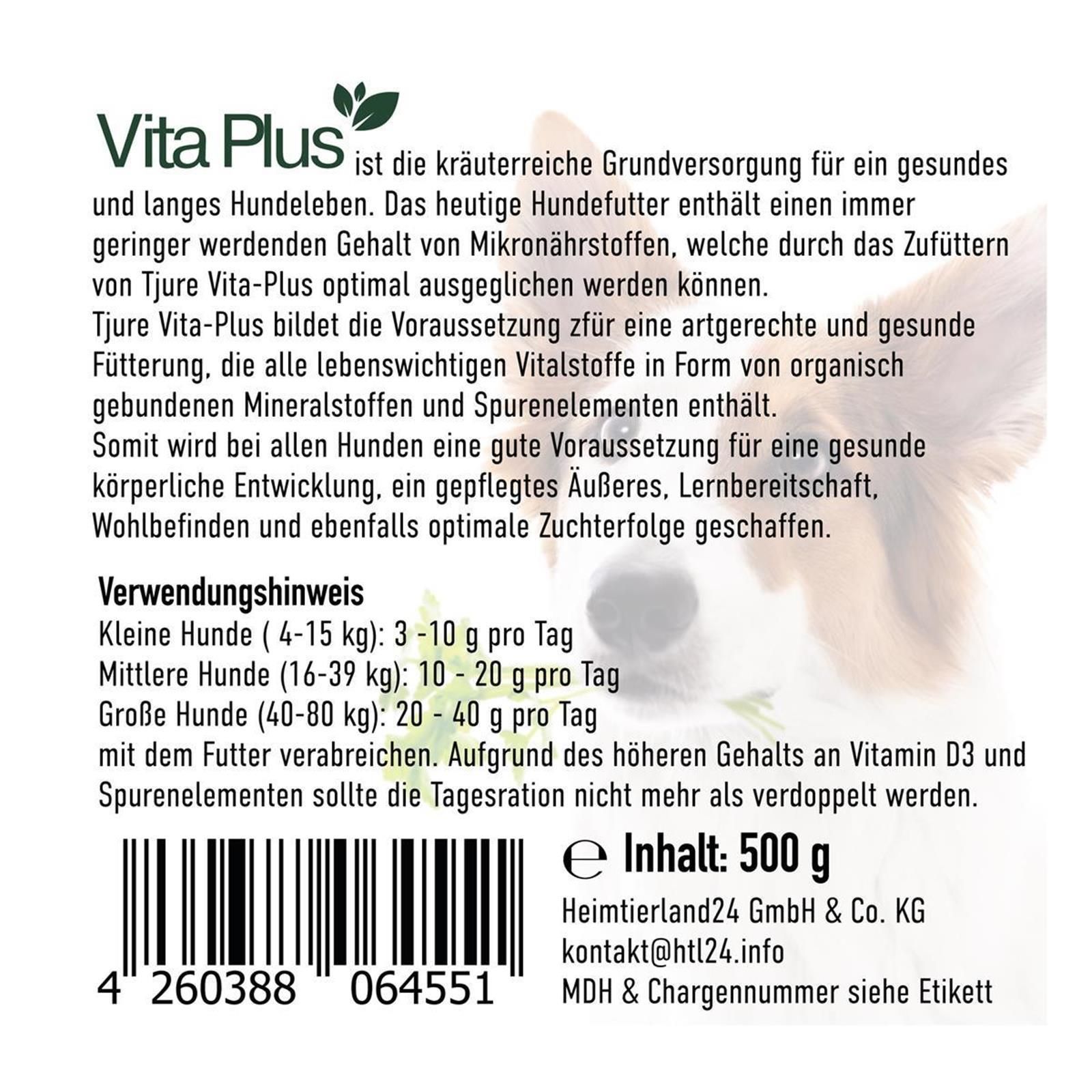 Etikett mit Text: TJURE Vita Plus, Verwendungshinweis, Inhalt 500g. Informationen zu Inhaltsstoffen und Dosierung.