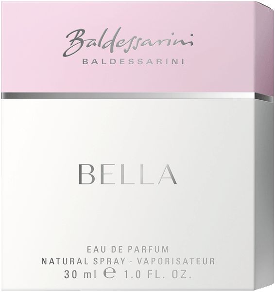 Verpackung von Baldessarini BELLA. Weißer Karton mit rosa Deckel. Aufschrift "BELLA" und "EAU DE PARFUM".