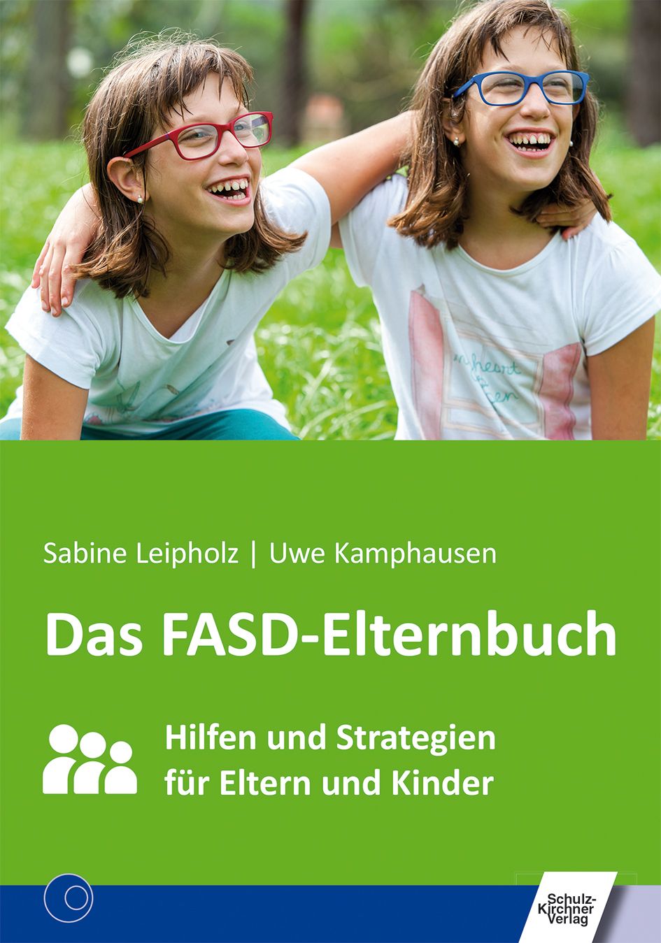 Buchcover: "Das FASD-Elternbuch". Titel, Autoren, und Untertitel. Zwei lächelnde Mädchen im Hintergrund.