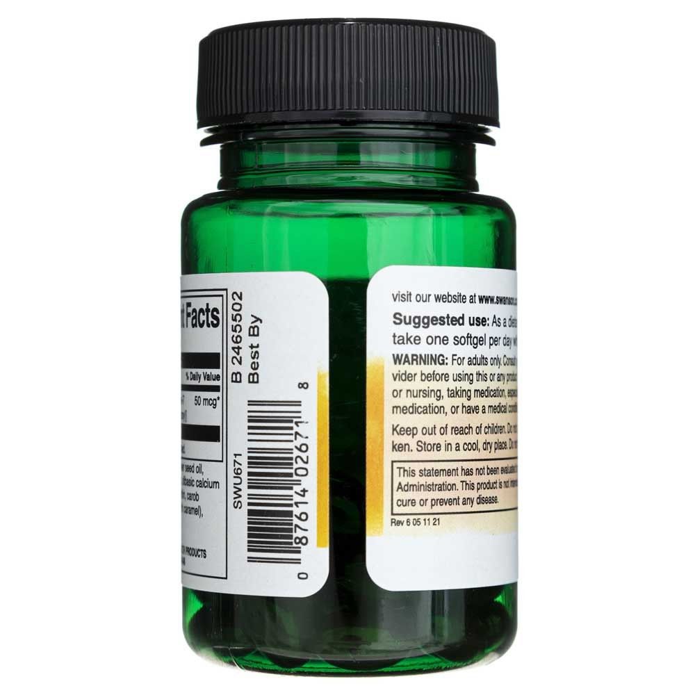 Seite einer Flasche SWANSON Vitamin K-2 Softgels. Enthält Barcode und Anwendungshinweise.