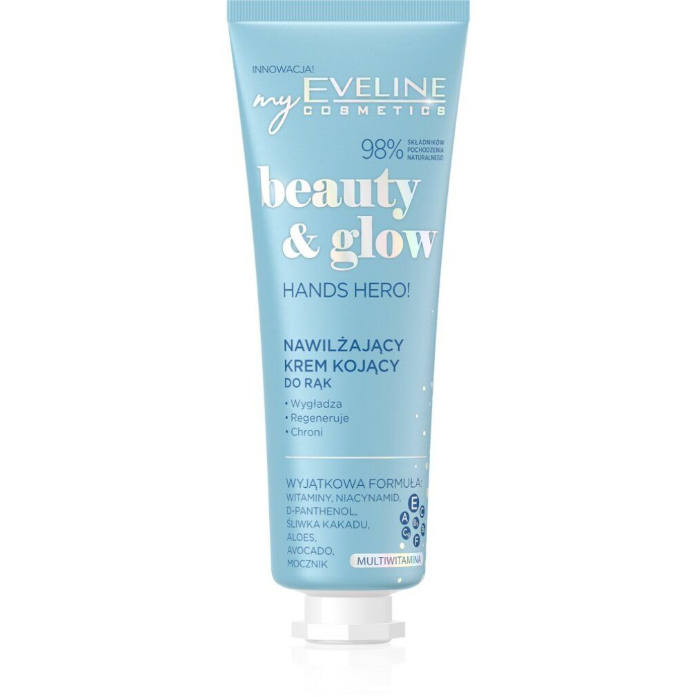 Hellblaue Tube mit weißem Verschluss. Aufschrift: "beauty & glow HANDS HERO!". Enthält Feuchtigkeitsspendende Handcreme.
