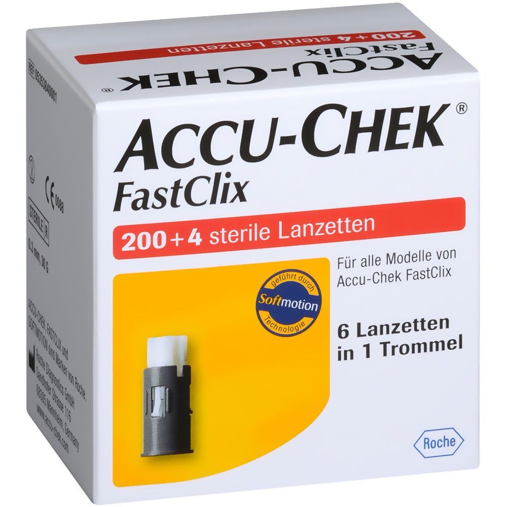 Verpackung ACCU-CHEK FastClix Lanzetten. Enthält 200+4 sterile Lanzetten. 6 Lanzetten pro Trommel. Mit Softmotion Technologie.