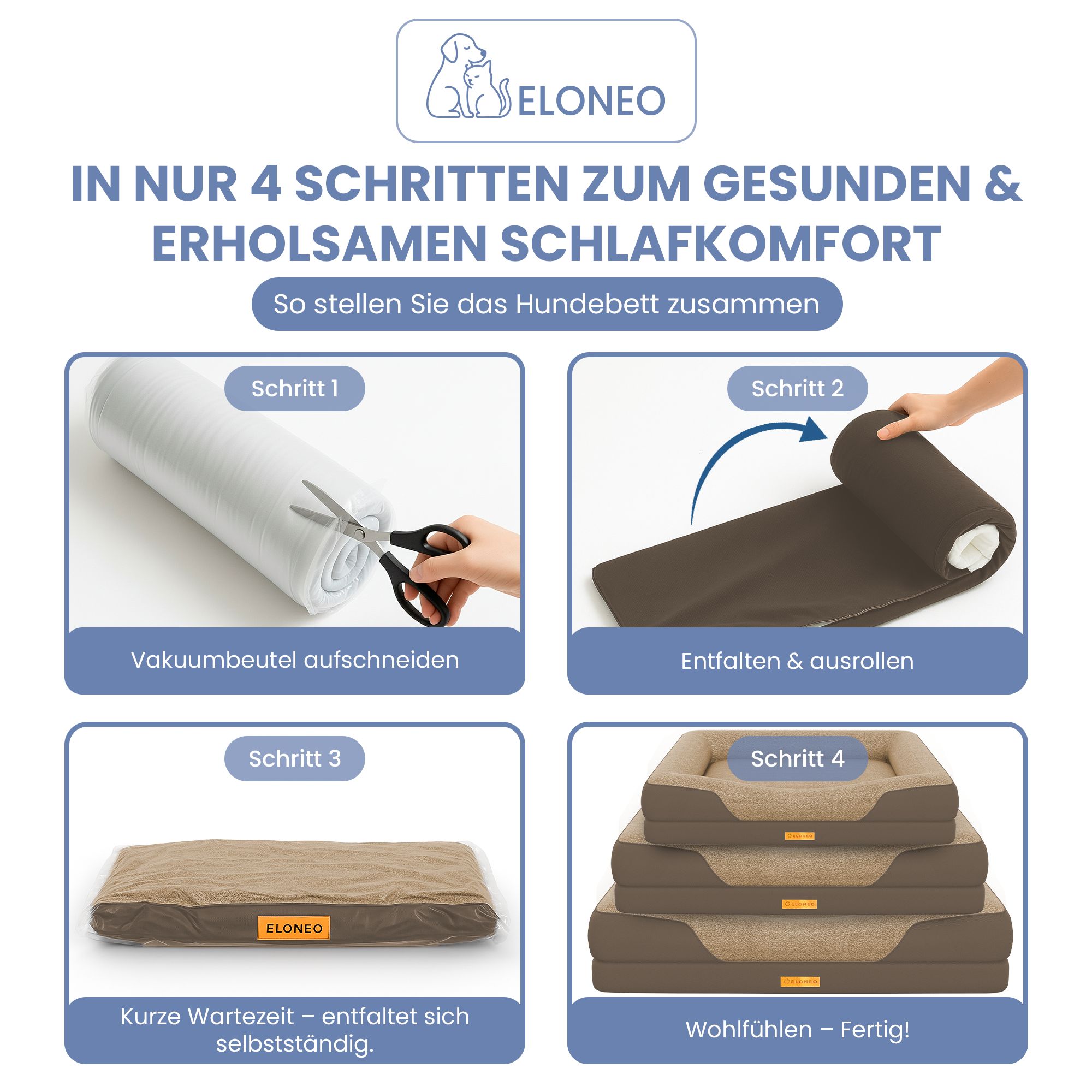 Hundebett-Montage in 4 Schritten. Vakuumbeutel öffnen, ausrollen, warten, fertig. Logo ELONEO.